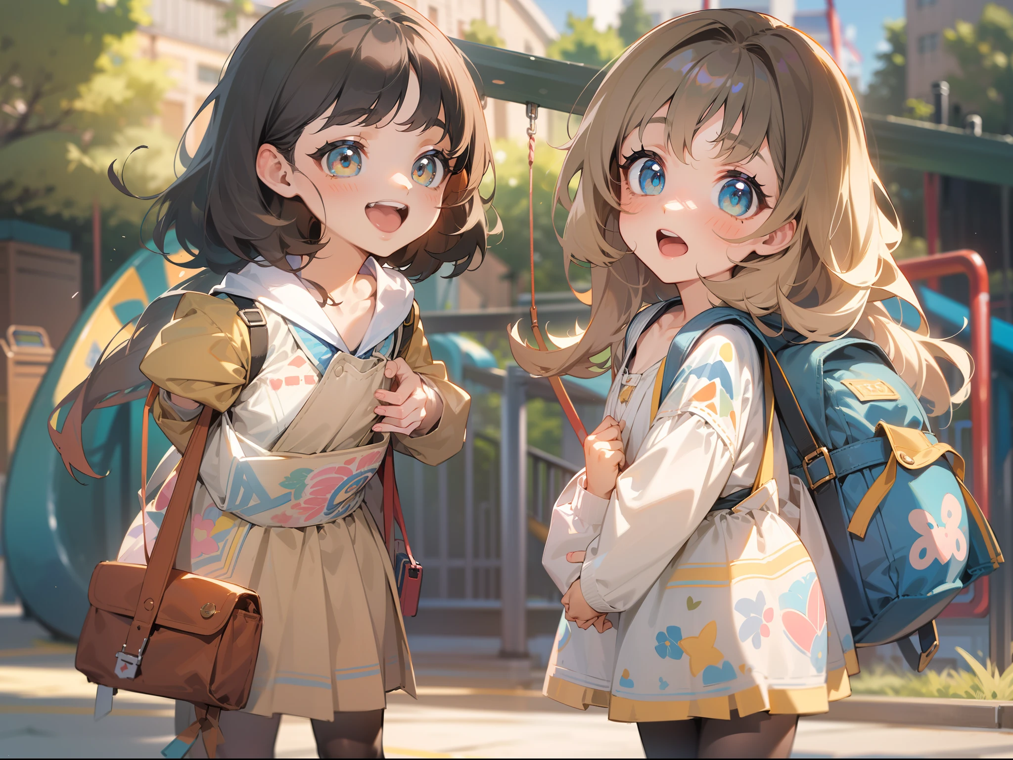 Kindergarten Student,Cute dress with a backpack,Standing in line, (8K, Best quality, tmasterpiece:1.2),\(eye detailed\),\(Facial features\),(\(Clothes detail details\)\),(flat chest),full bodyesbian,(Facial focus) ,Very detailed CG unity 8K wallpaper,hugefilesize,ultra - detailed,A high resolution,absurderes,beautidful eyes,Ray traching,dramatic shadow,finely detailled,Dramatic angles,Hyper-detailing,2girls,full body,holding hands with classmates,In a playground with swings and slides