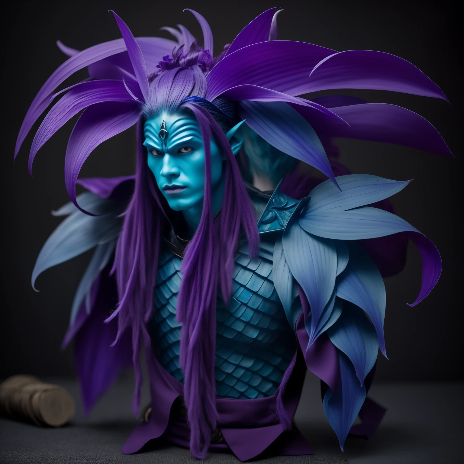 monster plant humanoid male , blue plant skin , hair orchid purple color , blue leaf ears , Chinese magician's clothing , trace of rpg  fantasy , full body