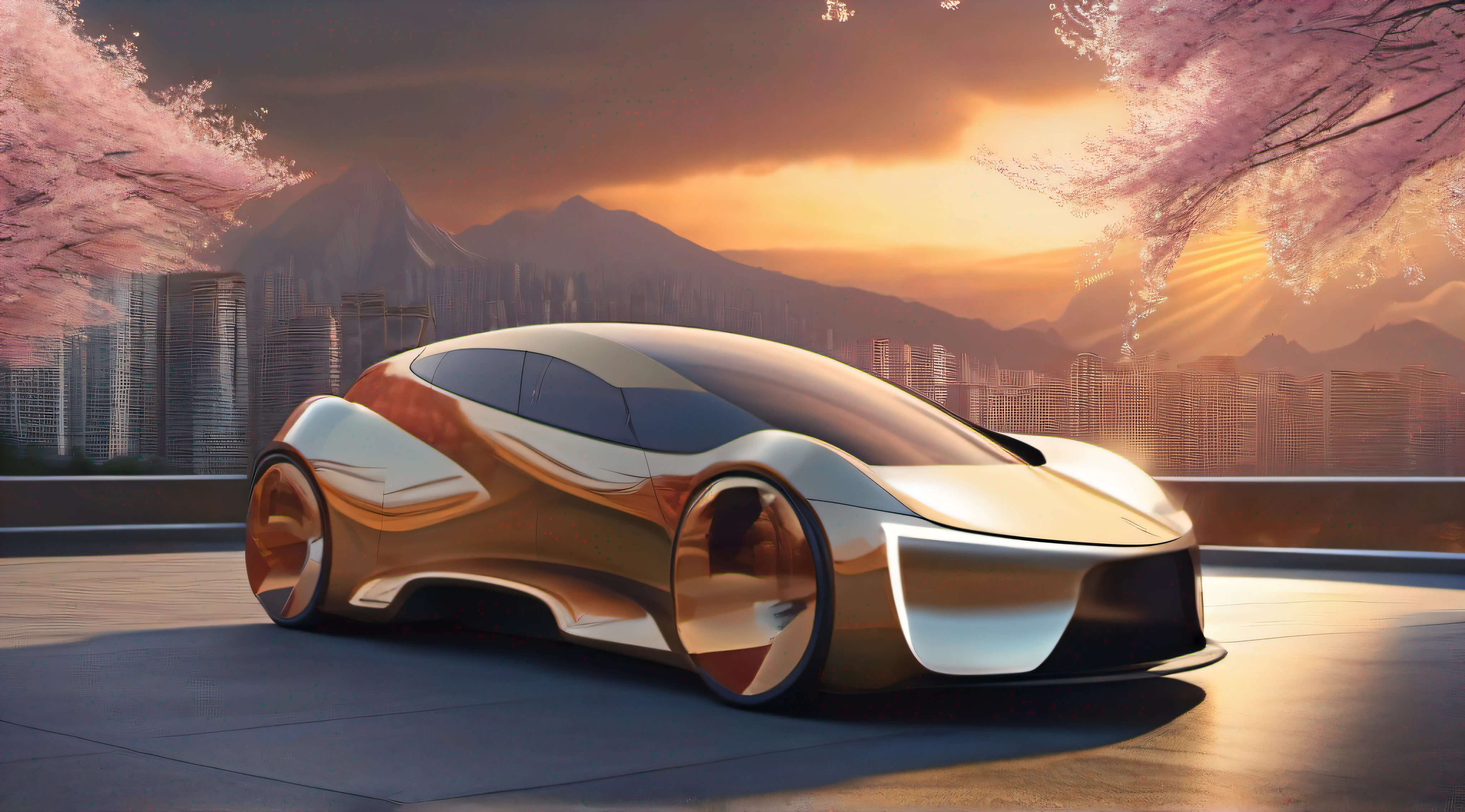 Super EV concept car,Sunlight,Cherry Blossom Tree,Glaciers,New City Center,lightning,visually stunning, iconic, dramatic,Stunning sunset over a futuristic city, with towering skyscrapers, golden hour lighting and dramatic clouds, high detail, moody atmosphere