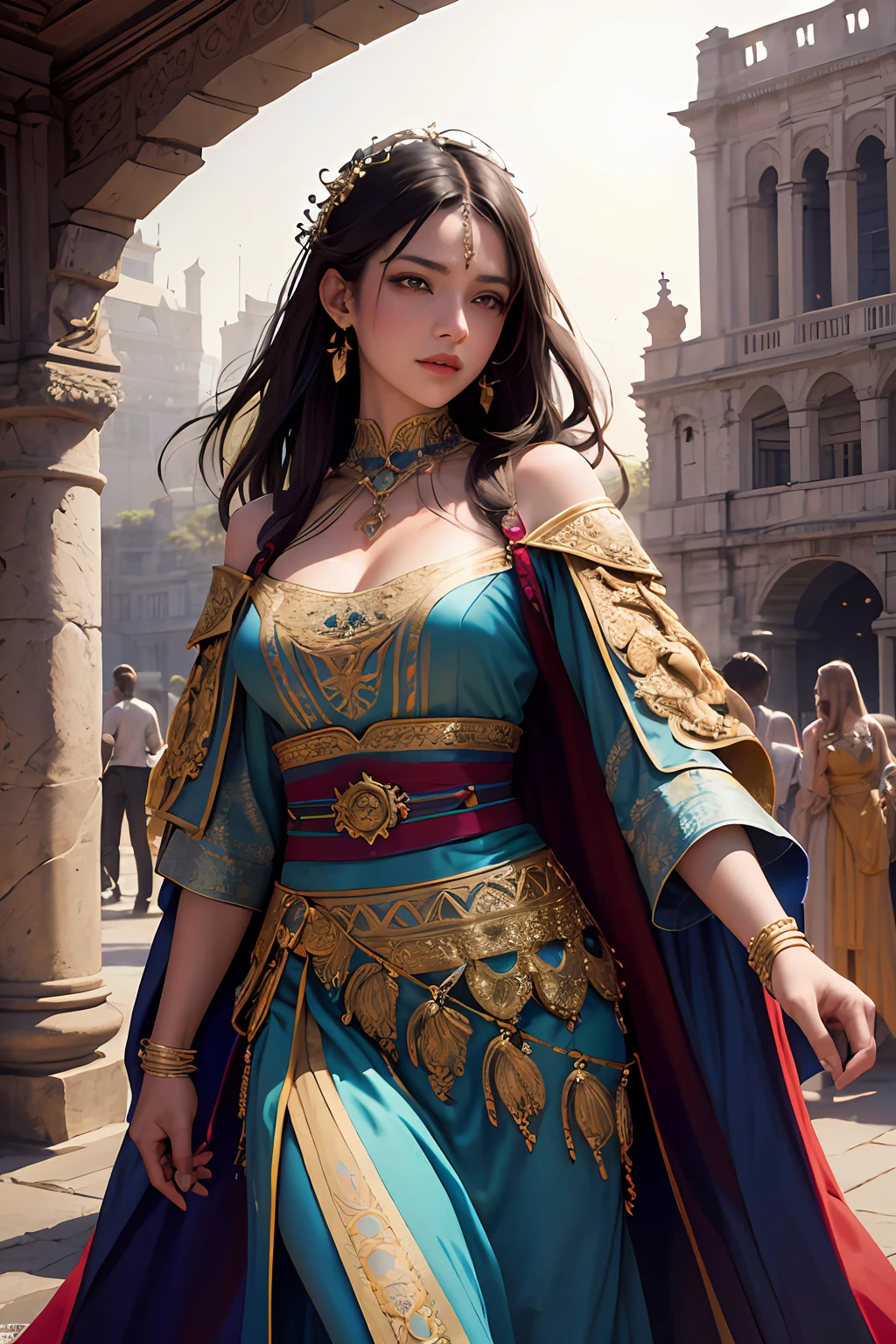 (巨作, Best quality, Realistic),
1girlhugebreasts,(on the St. Peter's Square of Vatican,crowd), sankta. Peter's Square of Vatican background, gypsy dress, Dancing, Elaborate dress, Gold,banquet, crowd, picking up skirt,Pale skin,
[Slight smile],