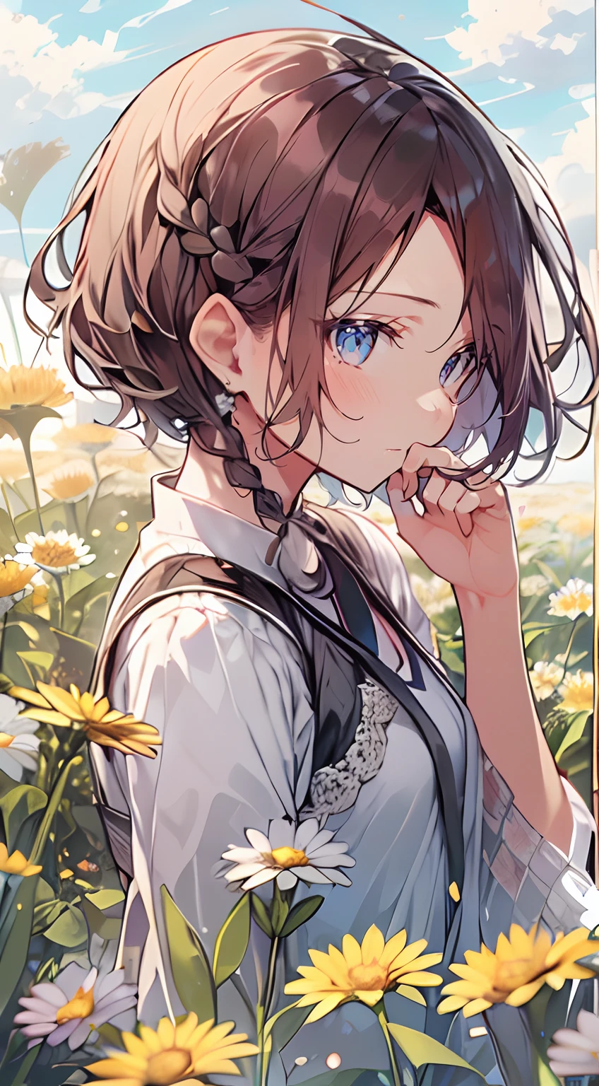 masutepiece, Best Quality,Illustration, Wallpaper, Ultra Detail, Absurd beauty、1 beautiful girl、 (Medium Short-Cut Hair、short braided hair), Beautiful ultra-detailed eyes , Hair fluttering in the wind、Keep your head small、flower field、great outdoors、Landscape of the flower garden