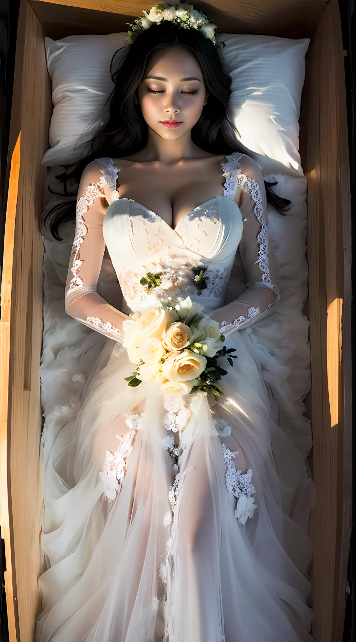 1girl, solo, wooden casket, girl sleep in casket, girl laying in casket, eyes closed, closed mouth,(interlocked_fingers:0.961), (own_hands_together:0.971), (straight:0.971), (own_hands_clasped:0.961), (absolute cleavage), straight body, straight legs, big boobs, round breasts, (full body viewed), (sexy breast), (sexy cleavage), (around the casket is a wreath of flowers), (((black hair))), ((blonde hair)), ((wearing a white tulle suspender wedding dress with flower-shaped lace and pearl embellishments and a long sleeve)), ((maid dress)), ((long dress)), head on pillow