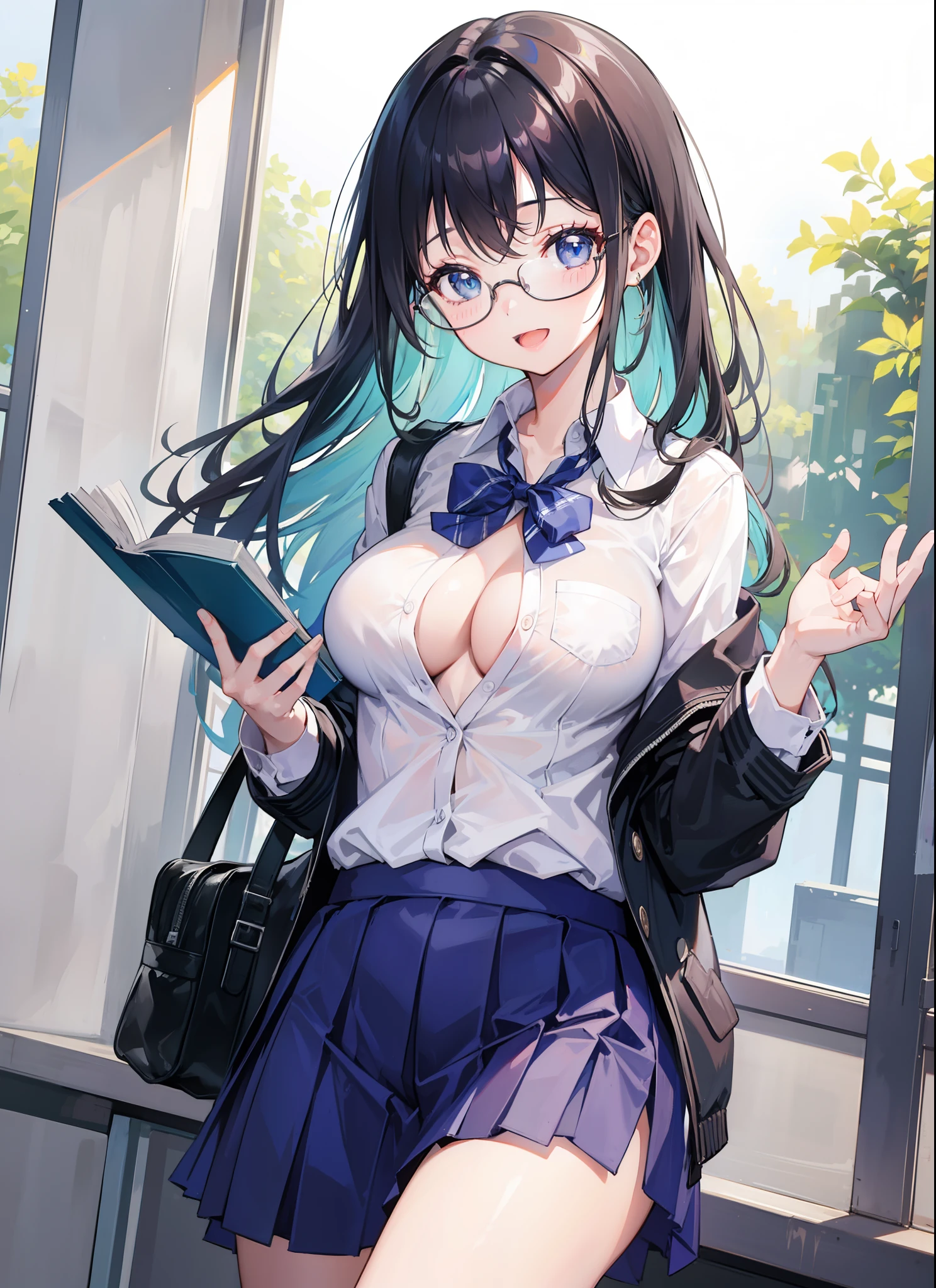 1girl, holding a book, in the classroom with a window, beautiful breasts, glasses, looking at the viewer, unbuttoned, school uniform, :D