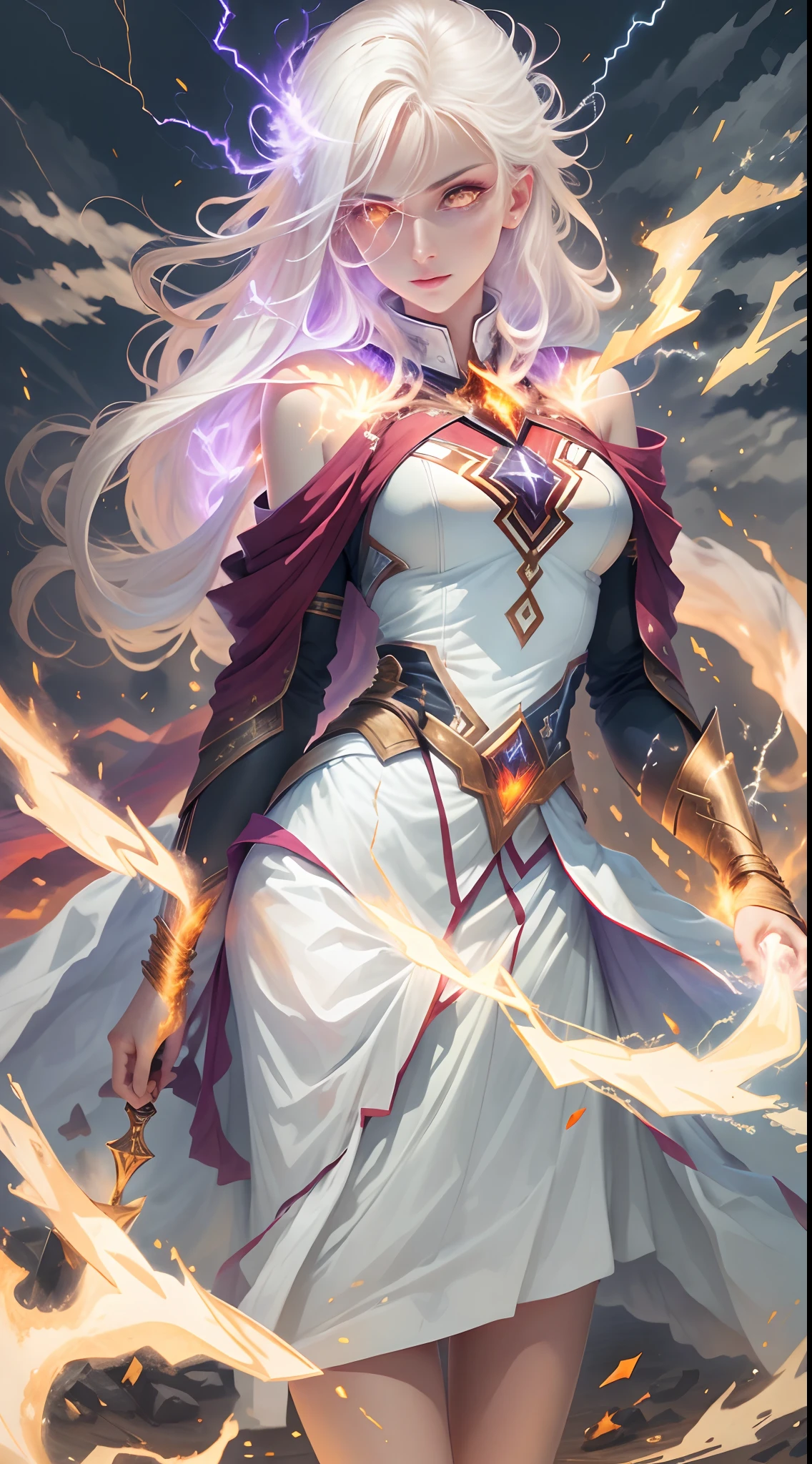 1Beautifulwoman,(white skinned), firestorm, lightning in hand, a skirt,glowing light eyes,Light in Eyes