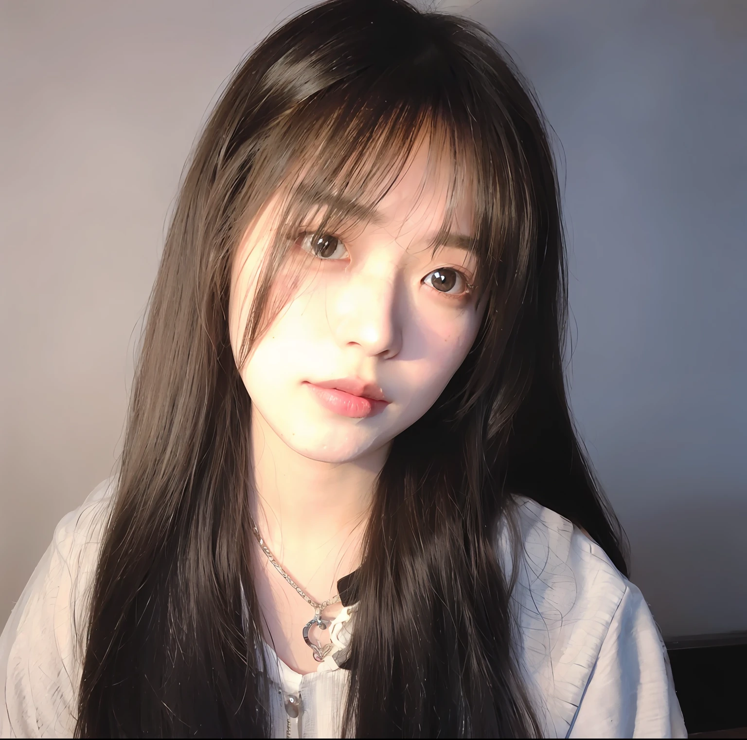 There was a young woman with long hair and a necklace, ulzzangs, She has black hair，By bangs, 8k selfie photograph, wan adorable korean face, with round face, With long hair, young lovely Korean faces, pale round face, Fluffy bangs, Soft portrait shot 8 K, With bangs, with straight black hair, soft round face