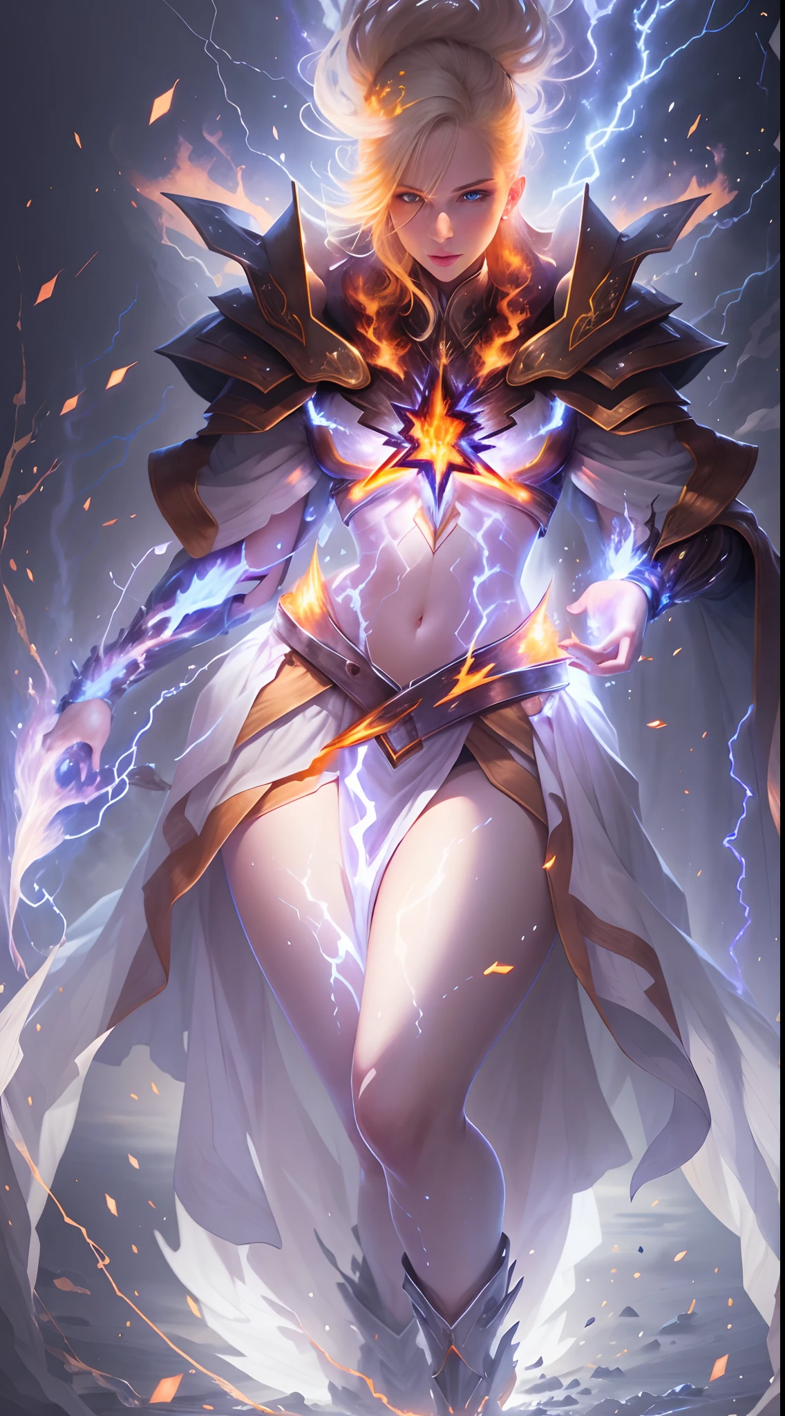 1Beautifulwoman,(white skinned), firestorm, lightning in hand, a skirt,glowing light eyes,Light in Eyes