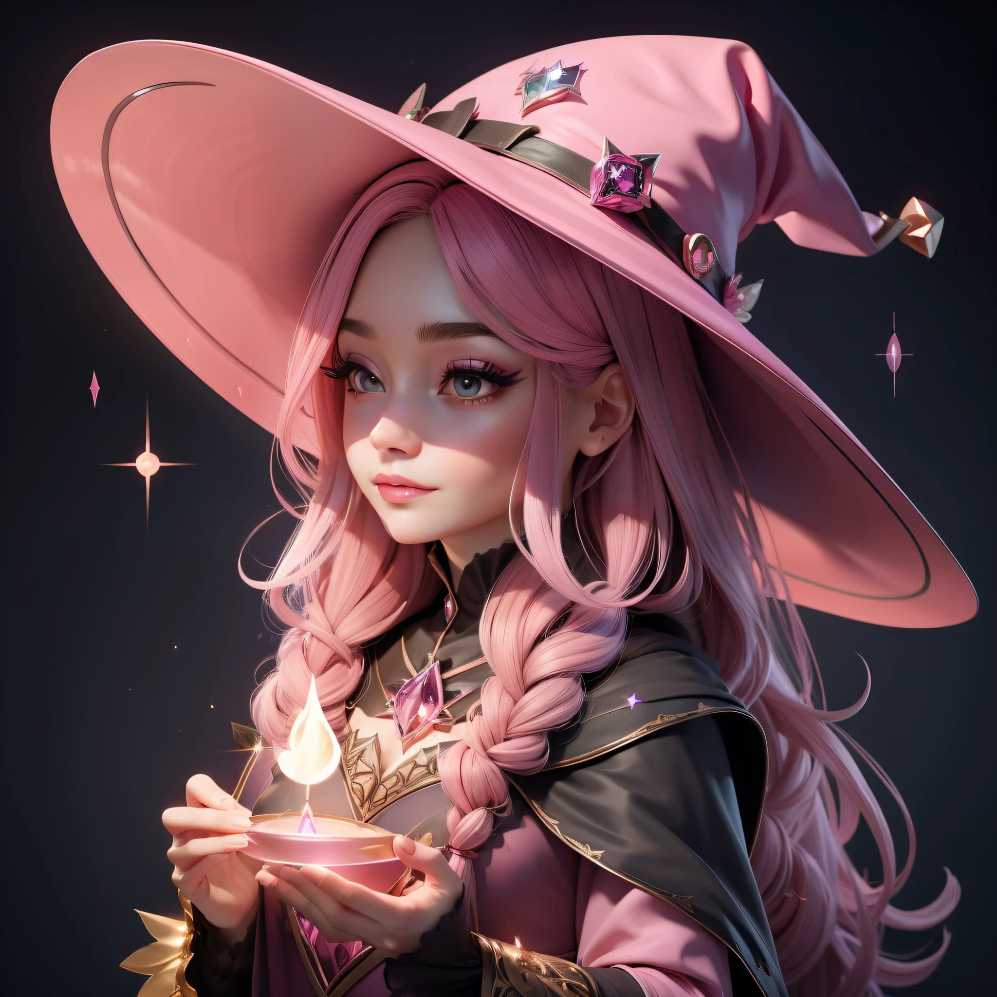 A beautiful witch 🧹 wearing a pink witch hat, making spells, sparkling pictures, sparkling simple make up, with long hair,