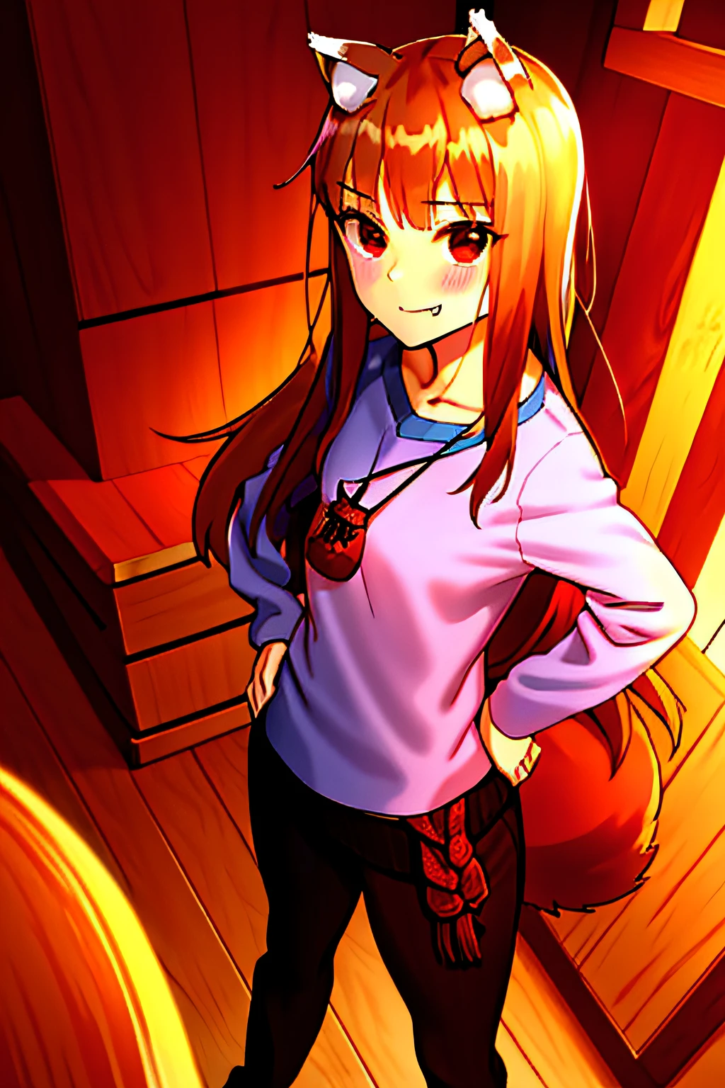 absurdres, best quality, masterpiece, (spice and wolf), (((holo))), (spicytail), (koume keito:1), (ayakura juu:1), (kawakami rokkaku:1), looking at viewer, wolf_ears, wolf_girl, wolf_tail, holo, animal_ears, 1girl, long_hair, brown_hair, purple_shirt, solo, pouch, fang, smug, red_eyes, hands on hip, looking_at_viewer, barn, standing,
