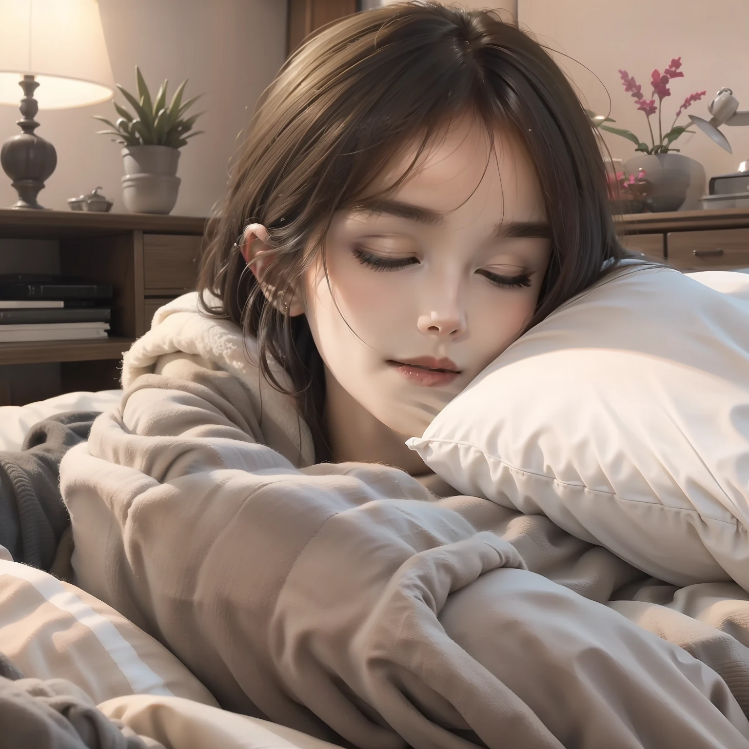 Single comfortable sleep,Soft light on the bed,Naturally true,Close-up of people