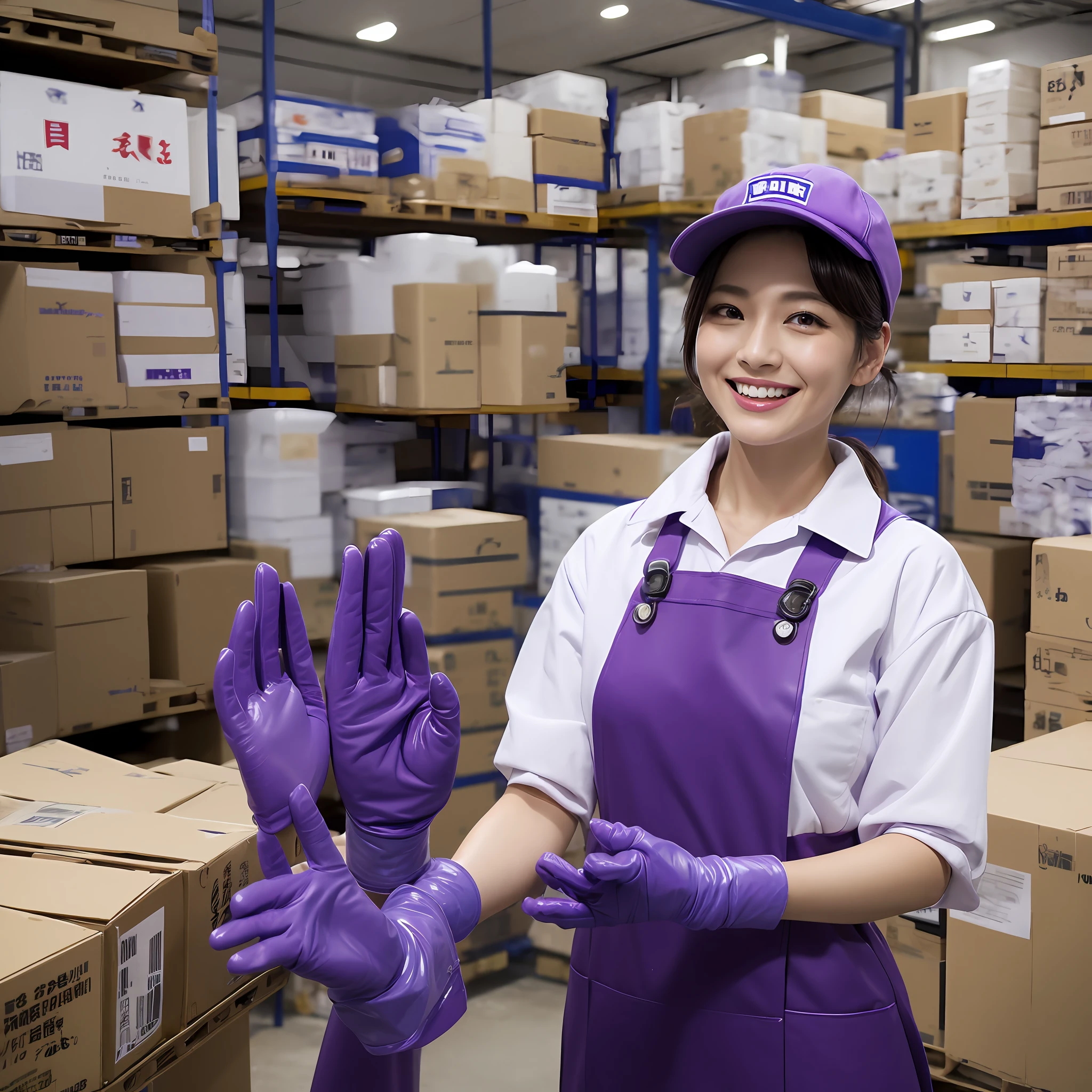 Female, 30s, Japan,Wearing a work shirt,Wear a hat,A smile,Show around the warehouse,Recruitment,piece sign、Enamel gloves、Purple enamel gloves、Purple enamel gloves、long rubber gloves in purple color,、Glossy purple gloves