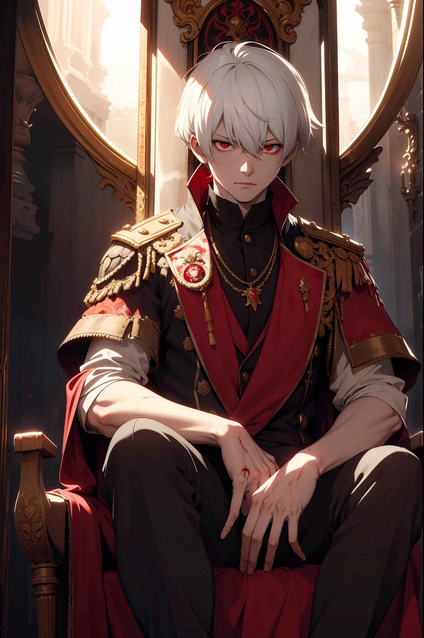 A white-haired, red-eyed prince sits on a majestic throne inside an abandoned palace. The environment around him is dark and gloomy, with evil red eyes in the walls and cobwebs hanging there. The throne is ornate, with details in gold and precious stones, and is covered by a dusty cloth. The protagonist is wearing royal clothing, with a kaneki expression on his face, as he stares at the horizon with glowing red eyes, masterpiece, best quality, ultra-detailed, illustration, 8k resolution concept art, fantasy art, epic art, concept art wallpaper 4k, deep color, natural lighting