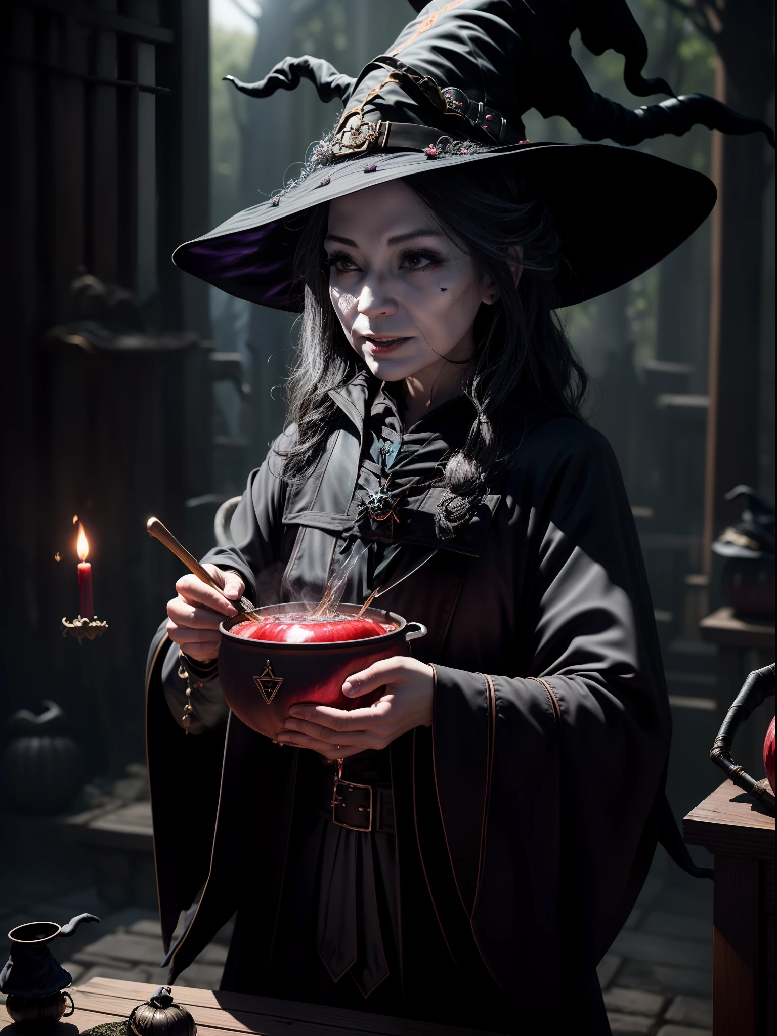 (​masterpiece:1.3)、(top-quality)、(in 8K,4K),(Intricate details)、reallistic、(Witch 1 person:1.8)、独奏、(black robes、Triangle has)、120 years old、Wrinkled face、white  hair、Black eyes、((Poison apple))、rascal、Laughter thinks evil、slim figure,(Suspicious liquid is boiling in an iron pot:1.2)、((Ugly Witch)),((Using rats)),Spellbooks and magic tools are floating in the air、horror atmosphere、Cursing