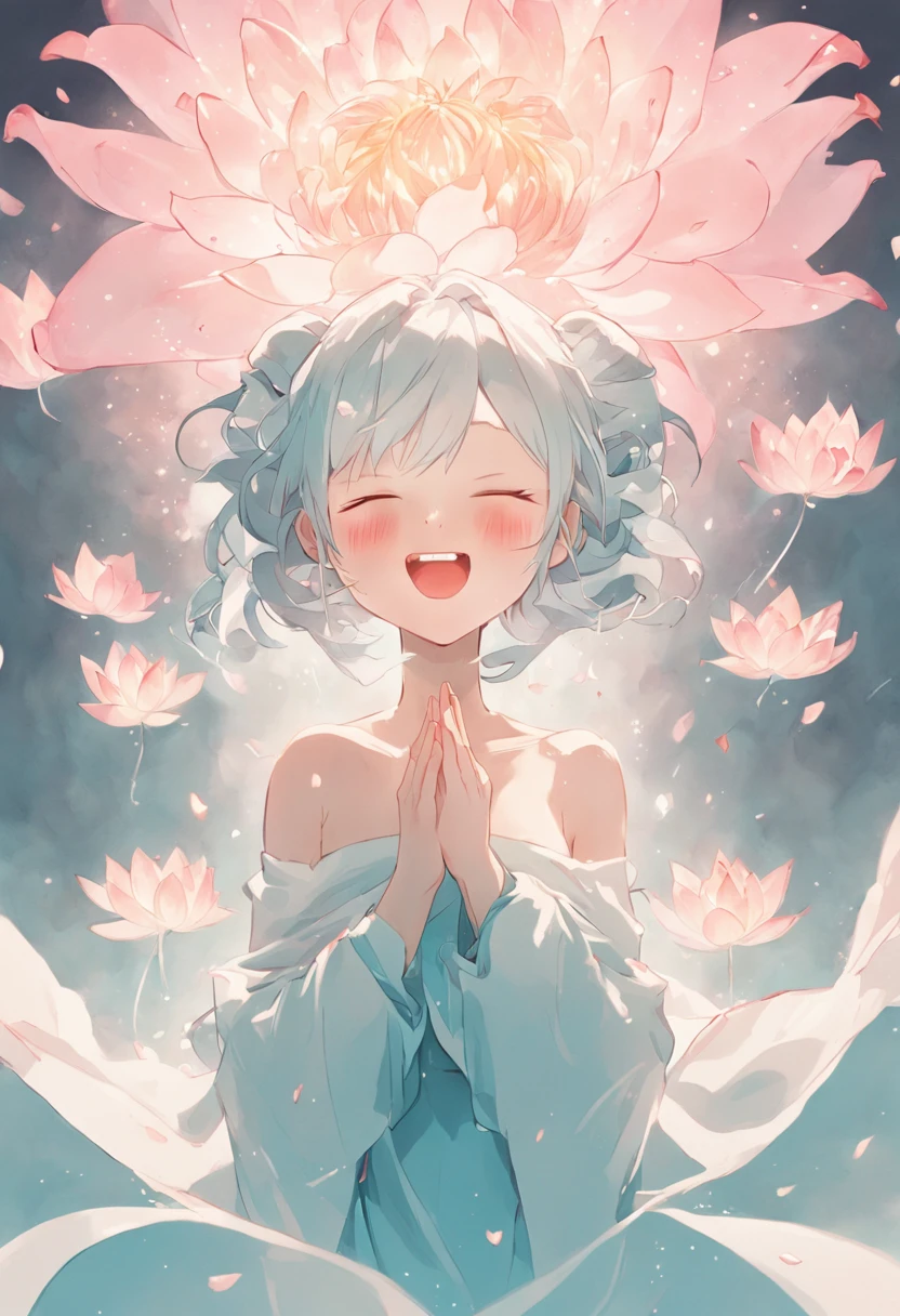 Chinese girl without clothes smiling,Prayers are surrounded. Huge lotus flower, ,The median is transparent/Translucent pink lotus, soft, Glow,author:Yumei, Light, light blue and white, Simple white background, surrealist, , Super detail, Textured skin, 8K ,cheerfulness,Bright, Sunny, Warm and sunny,Veiled face,Many petals are falling, North and South Dynasties,Hanfu, Very simple wind, Line,Chibi anime style,Hand detail