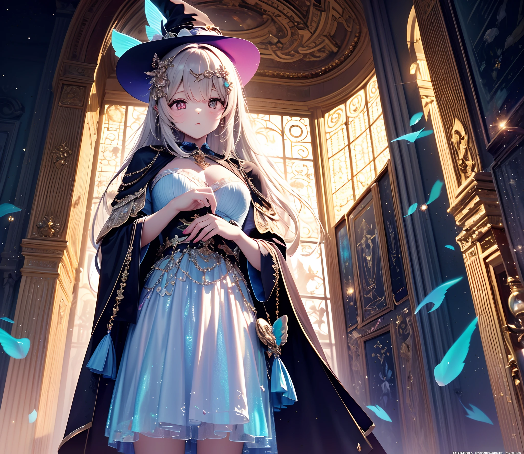 (Masterpiece:1.2),best quality,(illustration:1.2),holographic clothing,(1girl), witch, witch hat, long hat with tip and a star symbol hanging, net wear,(ultra-detailed),hyper details,(delicate), (intricate details), (cinematic light,best quality Backlights), clear line, from below,(Devilish),perfect body,(bioluminescent hair:1.2),(glowing eyes:1.3),fantasy,Dynamic:1.2),((makeup)),high contrast,(best illumination, an extremely delicate and beautiful),((cinematic light)),(((colorful))), Elegant,(Cinematic masterpiece),,Underworld,beautiful detailed glow,(Captivating),(Intricate Detailed Cinematic Background),(Masterfully crafted Glow),decora, accessories, hair accessory, ornaments, cute, kawaii