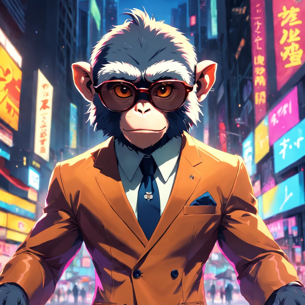 An artful rendering of monkey in a cool suit and sunglasses, with a bright and colorful background, rendered in 8K hyper-realism.