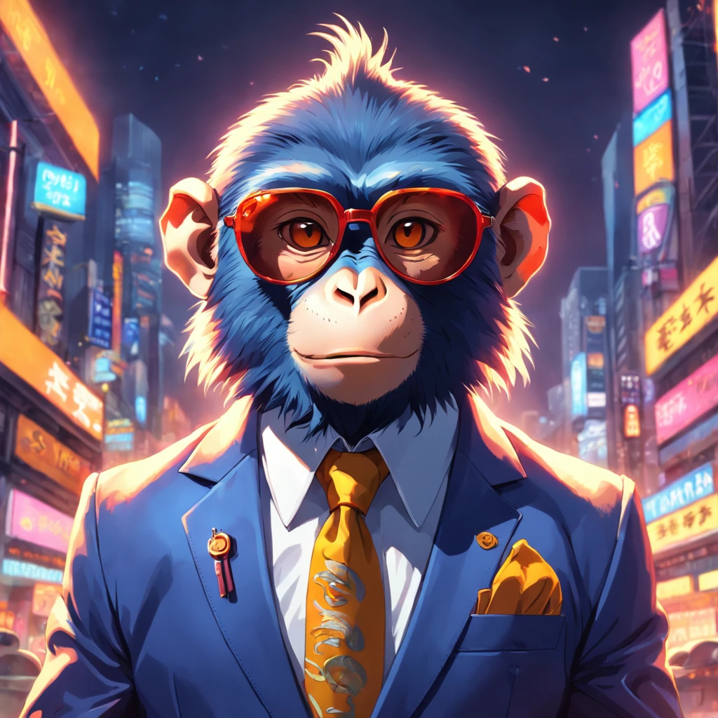 An artful rendering of monkey in a cool suit and sunglasses, with a bright and colorful background, rendered in 8K hyper-realism.