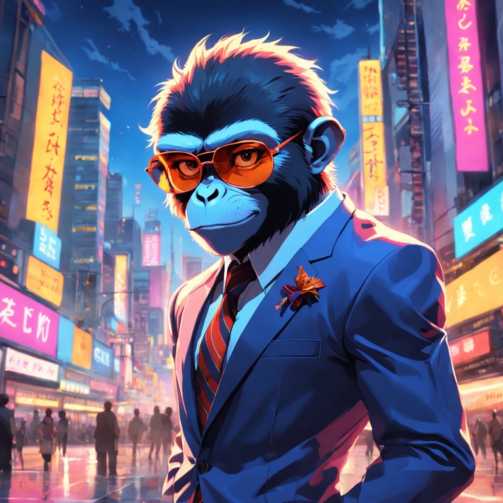 An artful rendering of monkey in a cool suit and sunglasses, with a bright and colorful background, rendered in 8K hyper-realism.