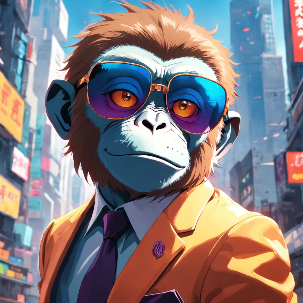 An artful rendering of monkey in a cool suit and sunglasses, with a bright and colorful background, rendered in 8K hyper-realism.