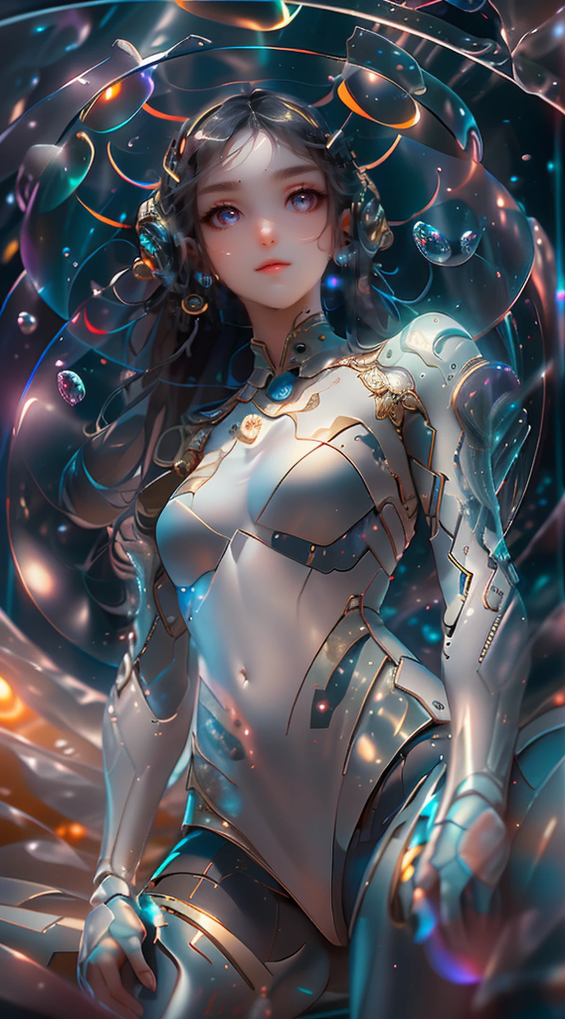 masterpiece,best quality,Ultra-high detail,Clear outlines,Outer Space,Stars,clock background,25 year old oriental beauty,long hair shawl,Light armor,walking in the stars
