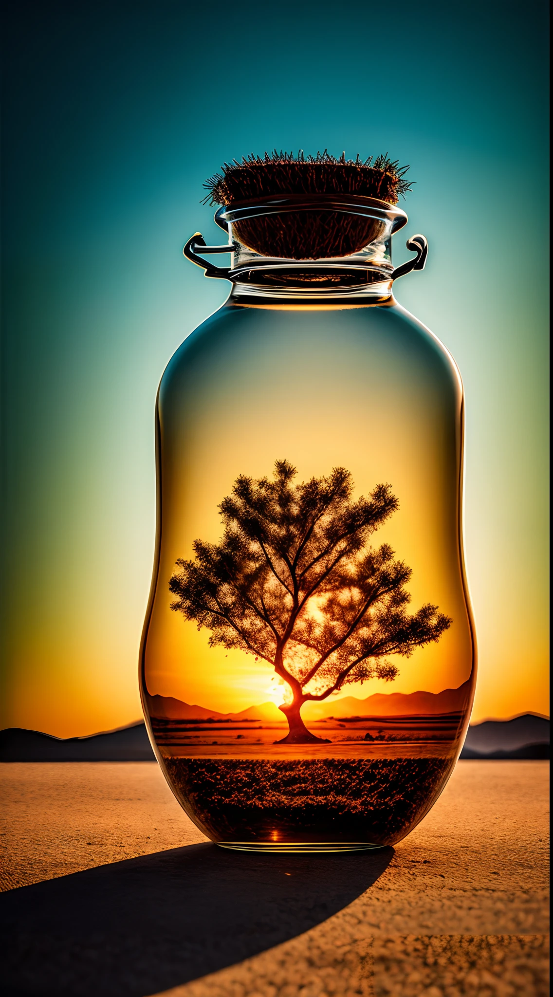 Peach tree in a bottle, Fluffy, Realistic, Atmospheric light refraction, author:Lee Jeffries Nikon D850 Film Stock Photo 4 Kodaport 400 Camera F1.6 Shots rich colors Ultra-realistic realistic textures Dramatic lighting Trends on Unreal Engine ArtStation CineStill 800, Style-Glass