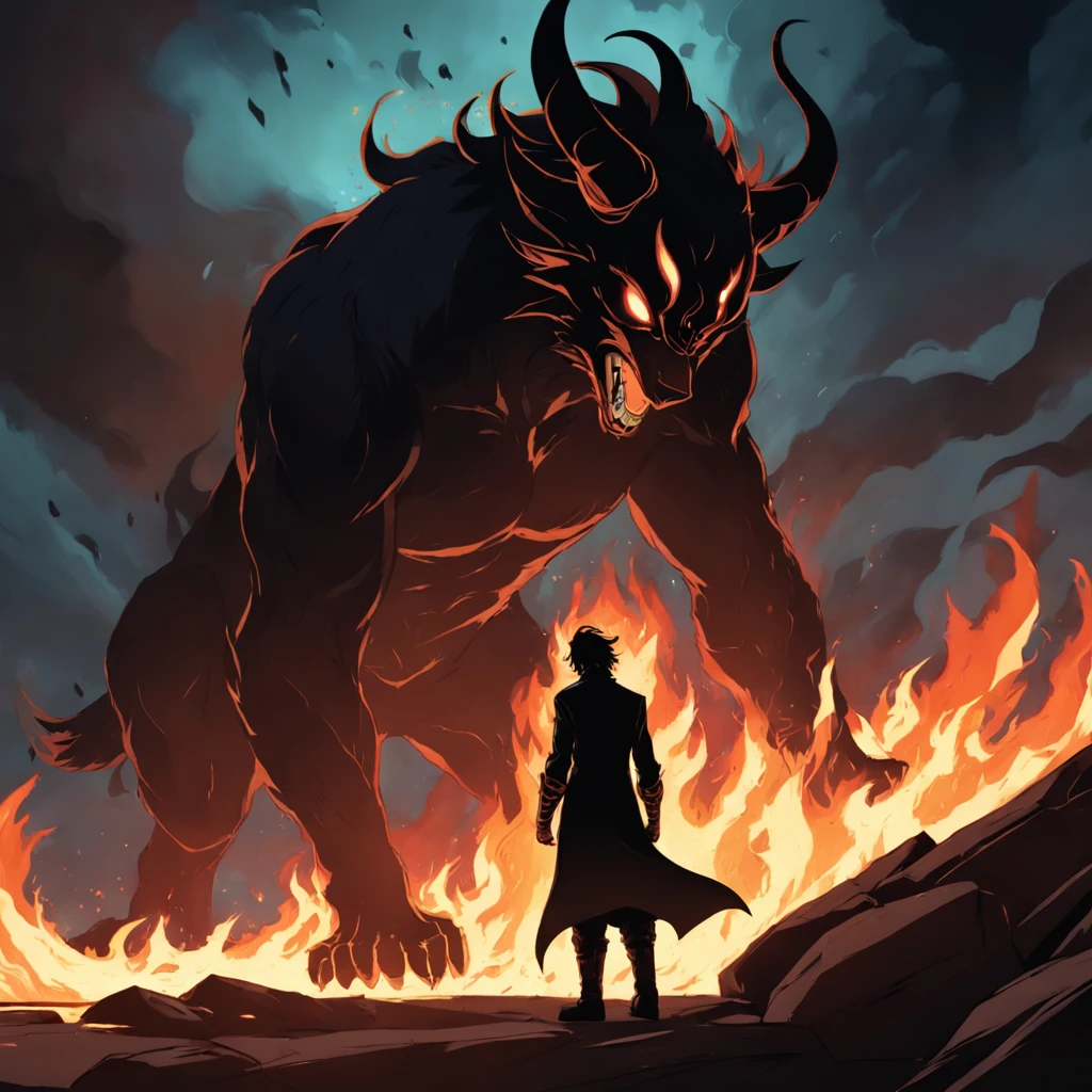Tom Hiddleston as Loki, his silhouette illuminated by a raging fire, his expression one of pure malice, hellhounds snarling and snapping at his feet.