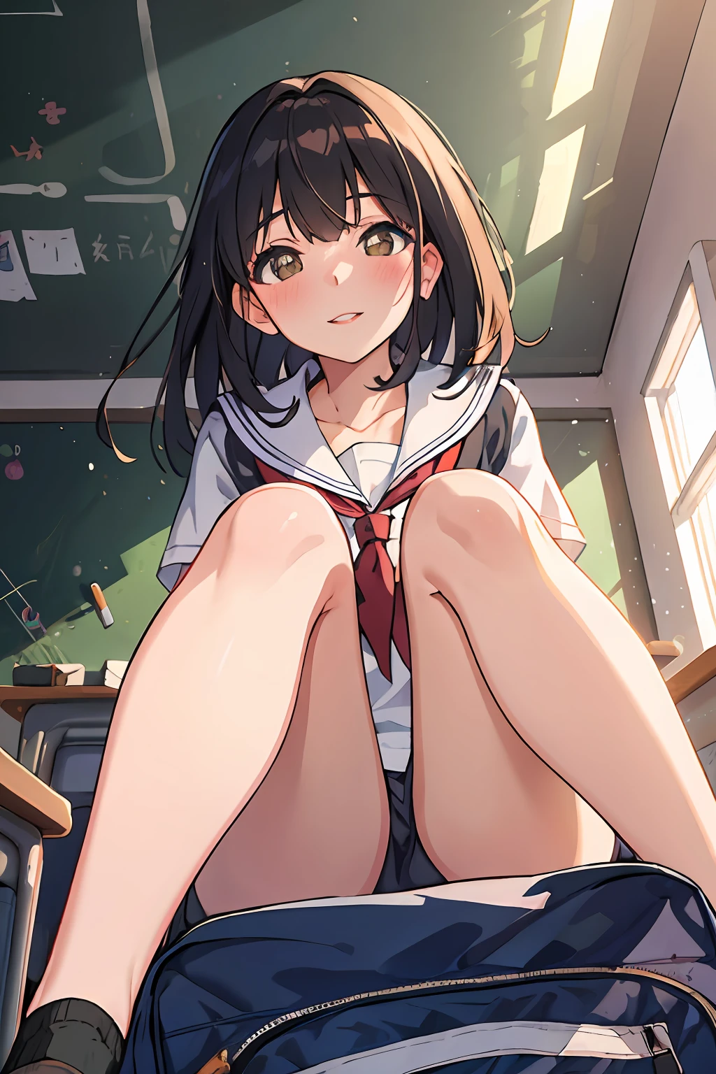 wide angle, 1girl, parted lips, blush, makeup, light smile, provoking, POV, from below, sitting, school uniform, indoor, classroom, school bag, light rays, glow, thighs, collarbone, (masterpiece), wallpaper,