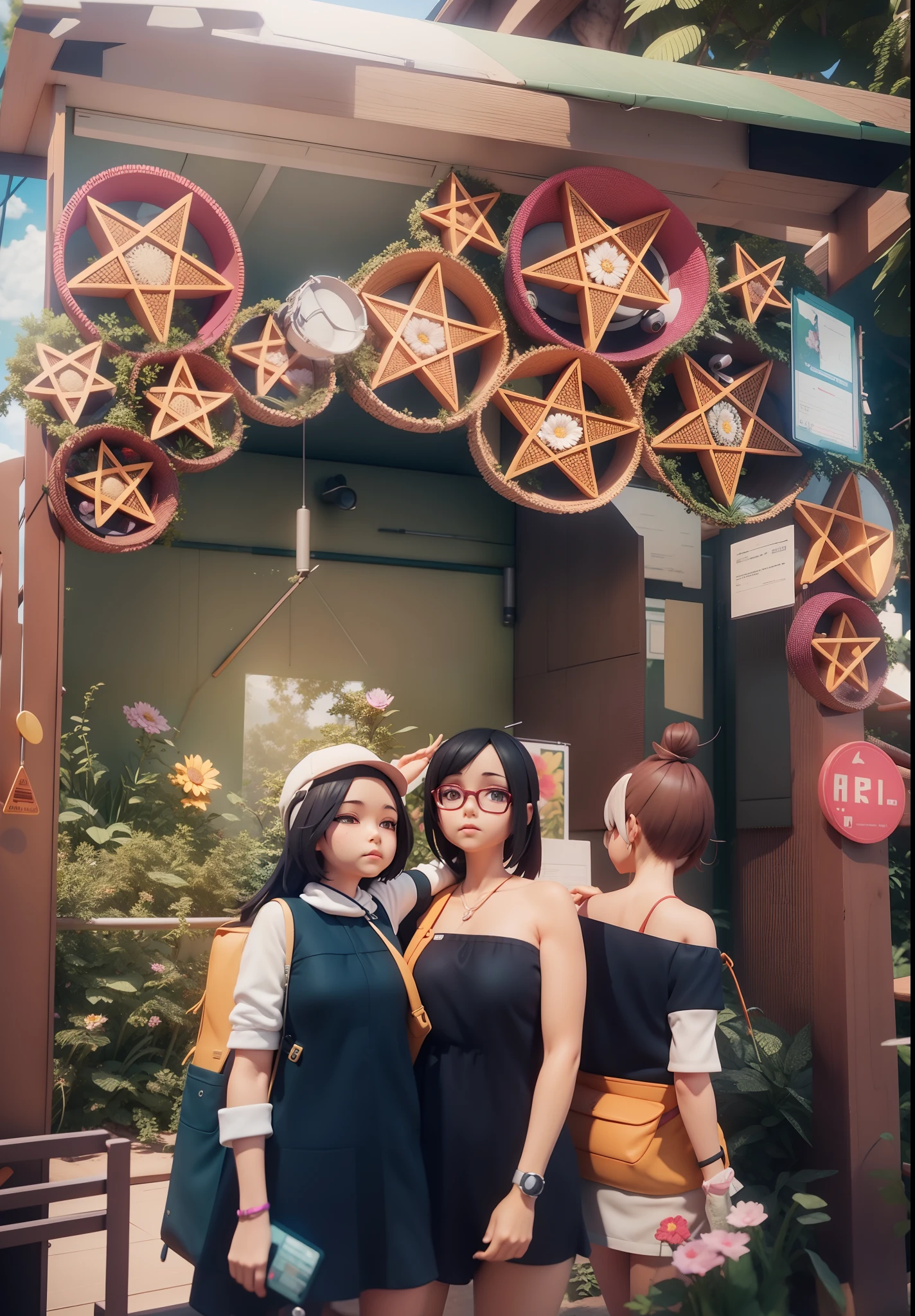 There is a poster with a cartoon character in a hat and backpack, female explorer mini cute girl, walking in the wilderness, flower jungle, animation style rendering, cute 3 D rendering, small characters. Unreal Engine 5, stylized anime, cute detailed digital art, Atey Ghailan 8 K, stylized 3D rendering, adventure surreal rendering, anime style 3D, 3D rendering stylized