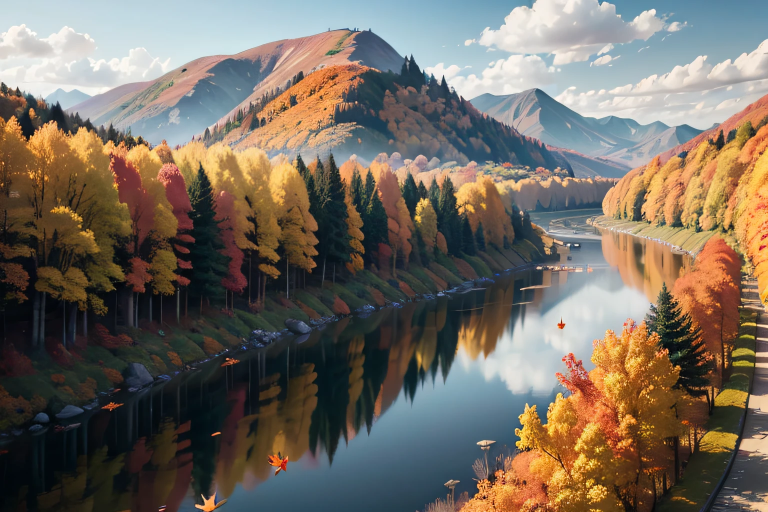 autumnal、Colored leaves、a river、mont、 --auto