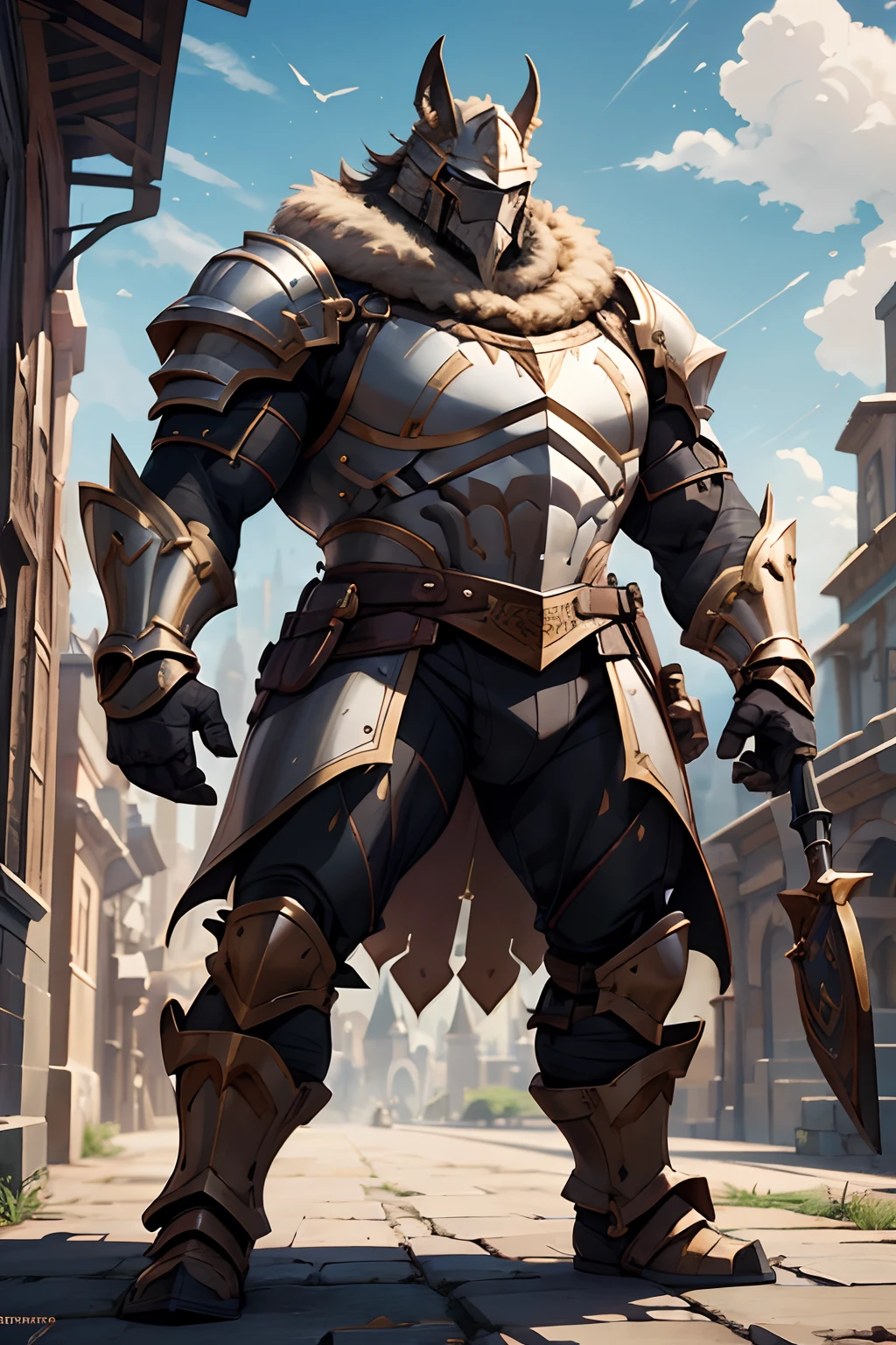 reinhardt, helmet, ((medieval knight armor)), sunlight, green grass field, medieval castle in background, <lora:reinhardtOverwatchLORA_v1:0.5>, best quality