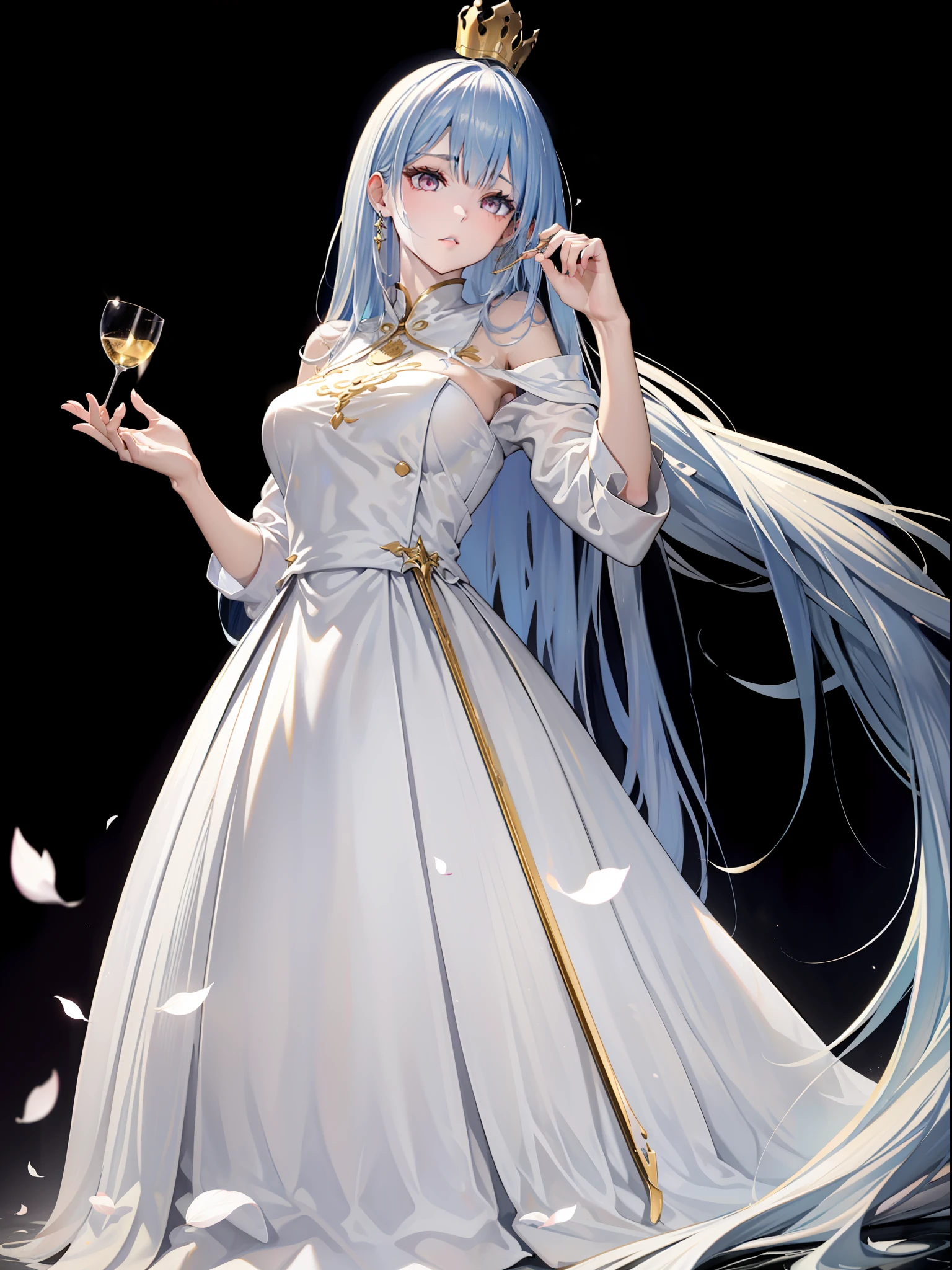 a white long skirt，Kizi，，（An extremely delicate and beautiful work），Best picture quality，A masterpiece，with petals falling，The face is clear，（Exquisite facial features），Peerless beauty，Beautiful teenage girl，with brown eye，The highlights are obvious，High degree of completion，The details are endless，gem-like eyes，Blushlush，Fine face，Facial makeup，putting makeup on，（Very fine CG），long whitr hair，Flowing hair, White dress, Long dress，Hanfu，，1080p，Fork in hand，Holding a long golden fork，Fork in surgery，Golden crown，There is a golden crown on the head