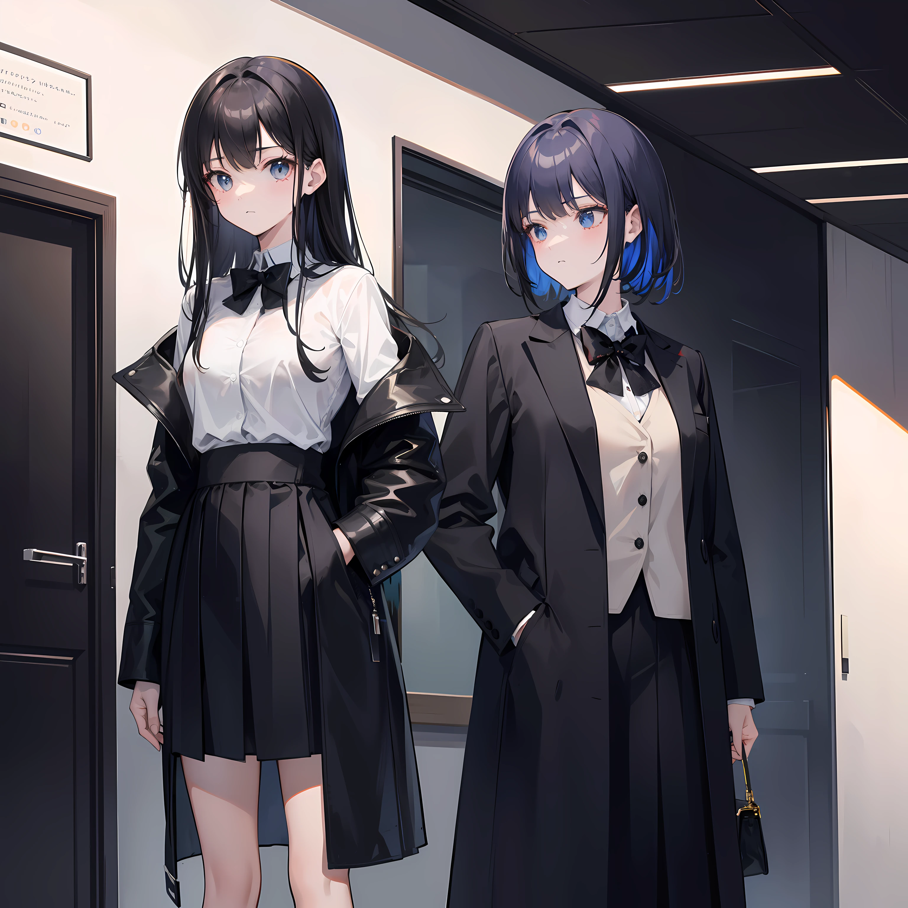 Create a detailed and vibrant image showcasing two endearing college girls named Yori and Aina. Yori, brimming with confidence and a touch of sass, wears a white shirt, a black tie, and a chic black coat. Aina, embodying a more introverted charm, is dressed in a white shirt, a black tie, and a matching black coat. Both characters exude cuteness while standing in a college hall. The image should emphasize their unique personalities through subtle details, such as their expressions, posture, and interactions with their surroundings. Please ensure the image reflects their contrasting yet equally appealing traits while maintaining a respectful and appropriate representation.