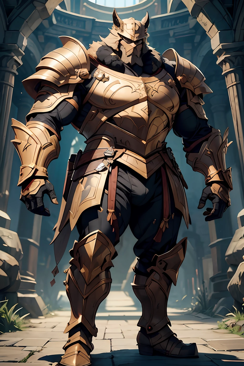 Game character standing drawing design,Disney animation,style of disney animation,an heavyknight,Quaint and heavy armor,Fur shoulders,Stout limbs,Muscle explosions,Equipped with huge riding guns,Different layers overlay,Different angles,(Left view full body:1.4),solid color backdrop,clean backdrop,depth of fields,high light,Real light,Ray traching,OC renderer,UE5 renderer,Hyper-realistic,best qualtiy,8K,Works of masters,super-fine,Detailed pubic hair,Correct anatomy,