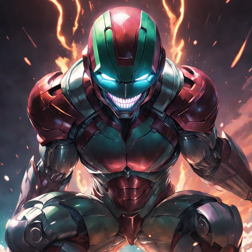 hyperrealistic, powerful, joker colors armored (iron man marvel helmet), her cybernetic helmet glowing in the darkness of space, legs are muscular, feet are claws, ready to take on any challenge, style of Alena Aenami,ground angle,long shot