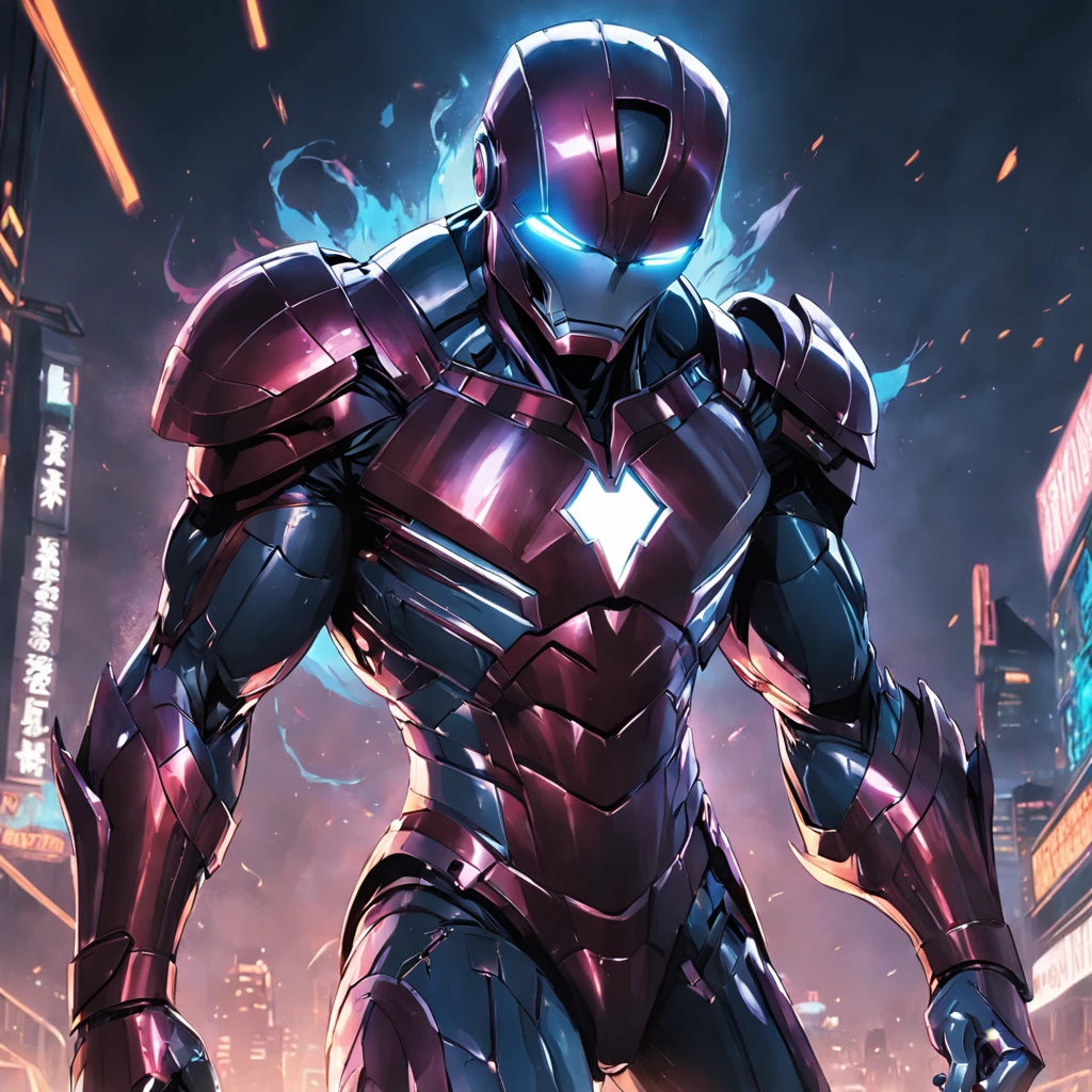 hyperrealistic,  powerful, joker colors armored (iron man marvel helmet), her cybernetic helmet glowing in the darkness of space, legs are muscular, feet are claws, ready to take on any challenge, style of Alena Aenami,ground angle,long shot