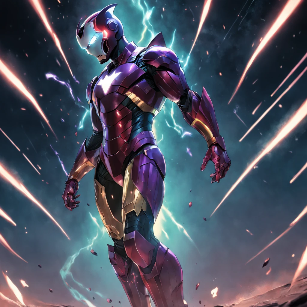 hyperrealistic, powerful, joker colors armored (iron man marvel helmet), her cybernetic helmet glowing in the darkness of space, legs are muscular, feet are claws, ready to take on any challenge, style of Alena Aenami,ground angle,long shot