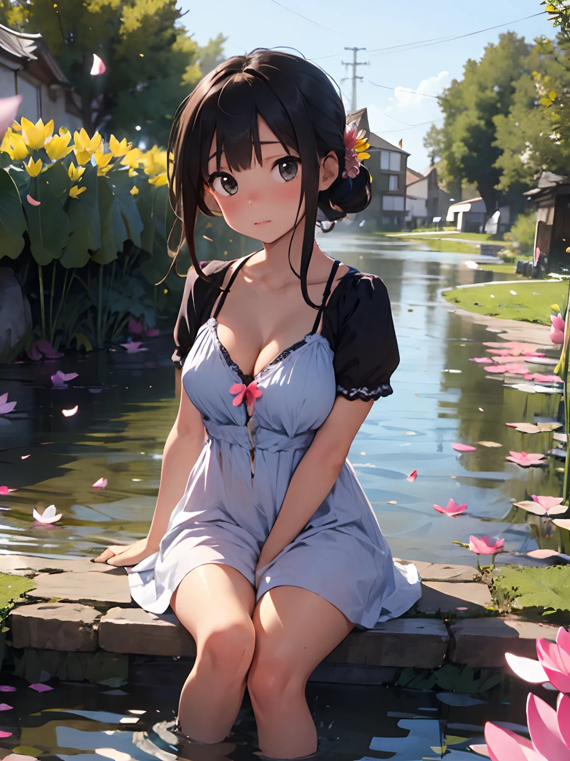 1girl, solo, beautiful, cute, perfect girl body figure, open chest, short western dress, red blush, full body, flower petals, beautiful background, cleavage, boobs, sitting near a pond with her feets in Shallow water, lingerie, lotus flower and flower petals in water, from front, holding a lotus in her hand, countryside village, looking at the lotus in her hand