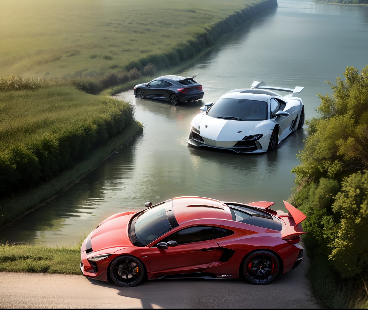 supercar, river, villa, nature