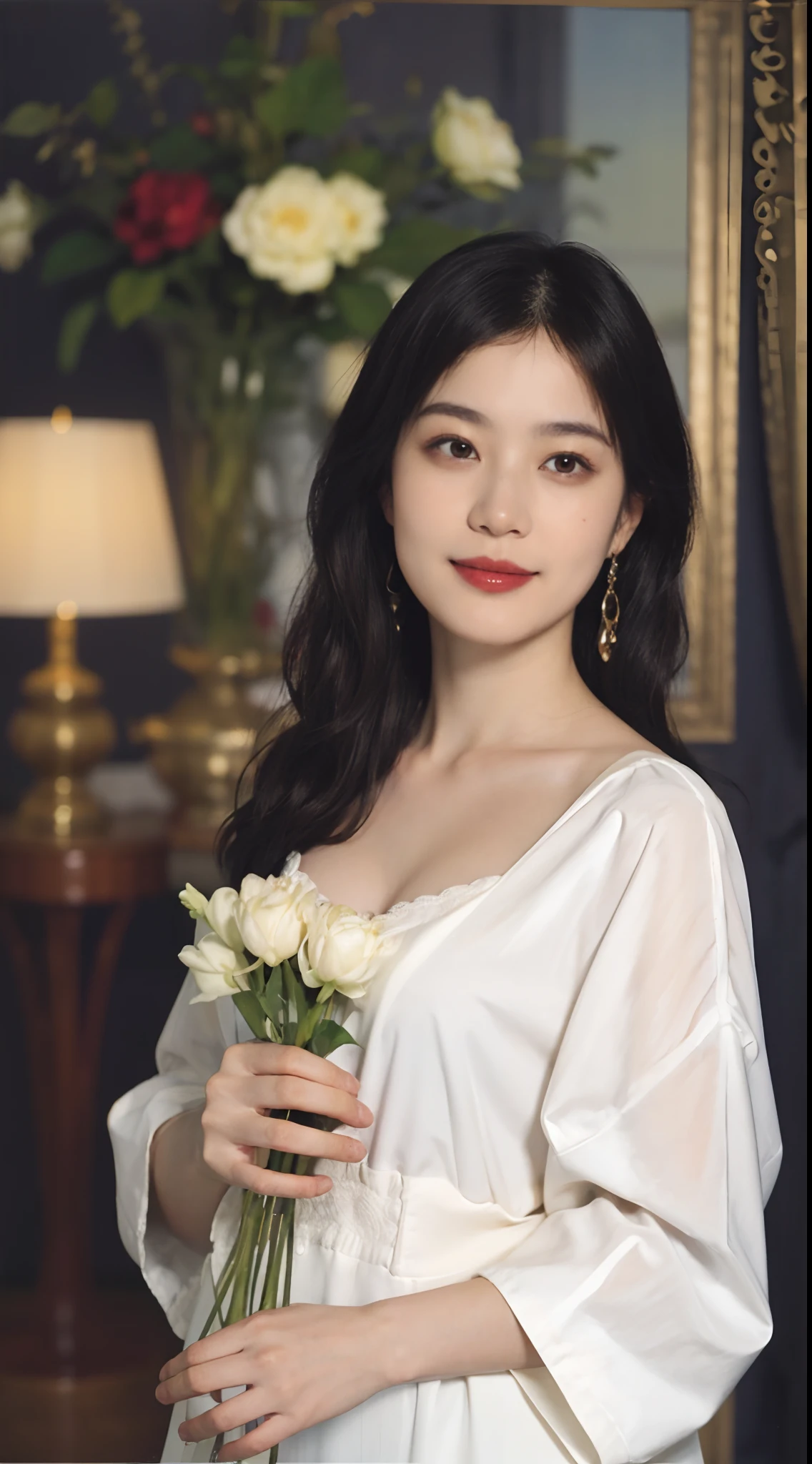 (Oil Painting: 1.5), \\ Woman with short black hair, ((Luxurious room)), (Amy Saul: 0.248), (Stanley Agar Liu: 0.106), (detailed paintings: 0.353), (Gothic art: 0.106), vases, with floral pattern, (((A slight smil)))