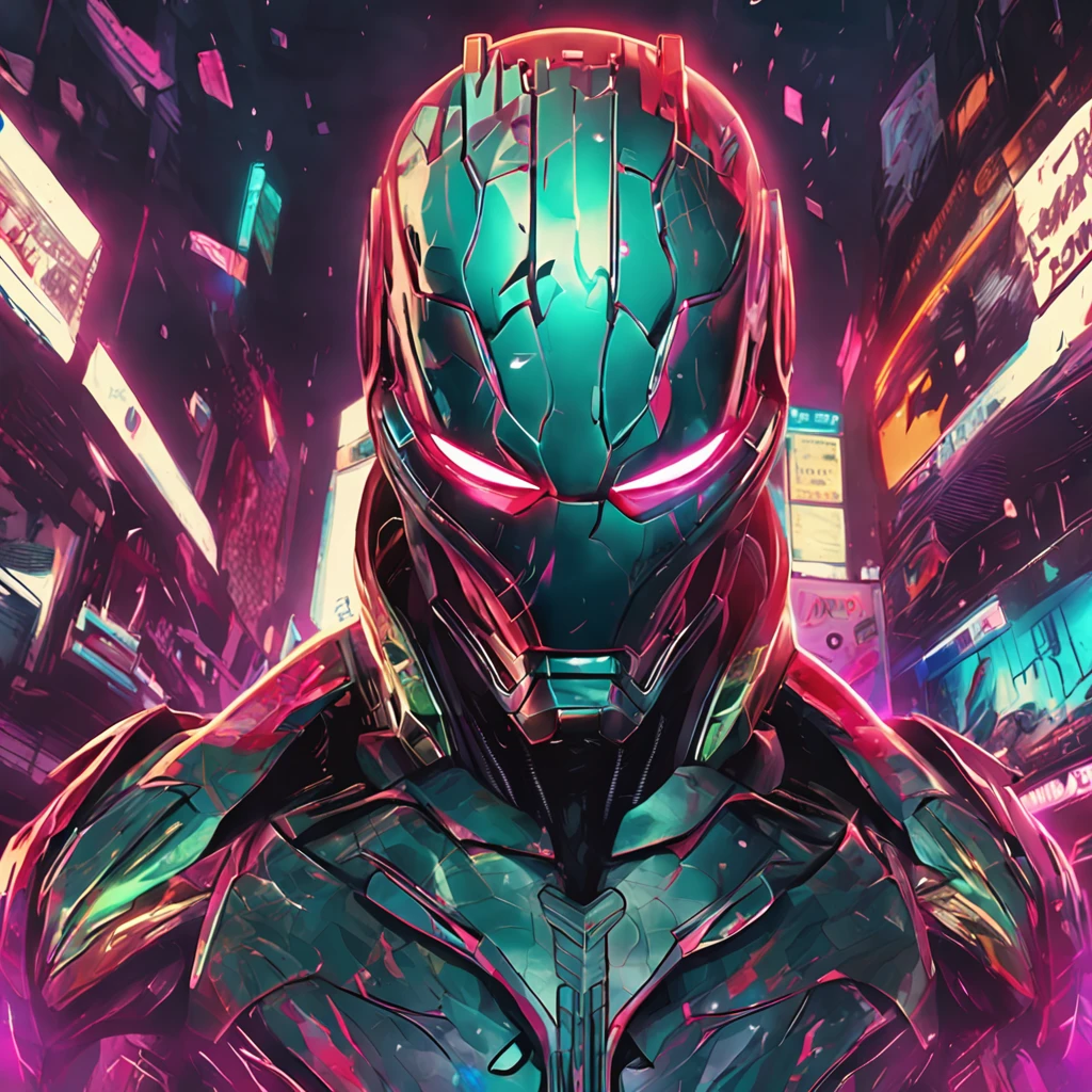 hyperrealistic,  powerful, joker colors armored (iron man marvel helmet), her cybernetic helmet glowing in the darkness of space, legs are muscular, feet are claws, ready to take on any challenge, style of Alena Aenami,ground angle,long shot