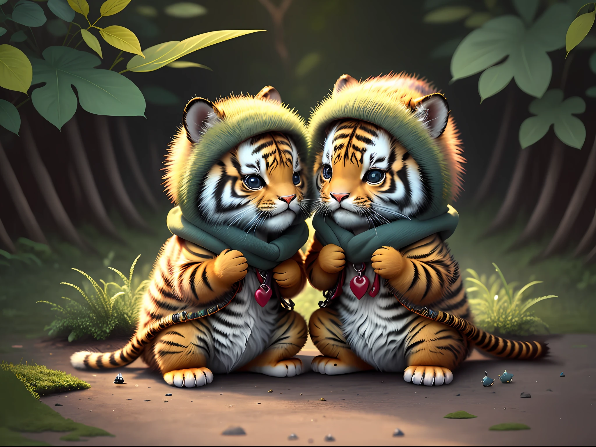 Top image quality、"Create cute creature masterpieces with inspired ultra-detailed concept art. Let your imagination come alive", (Tiger Baby), high detailing, in 8K、Top image quality、forest fae、having clothes are worn、Realistic coat