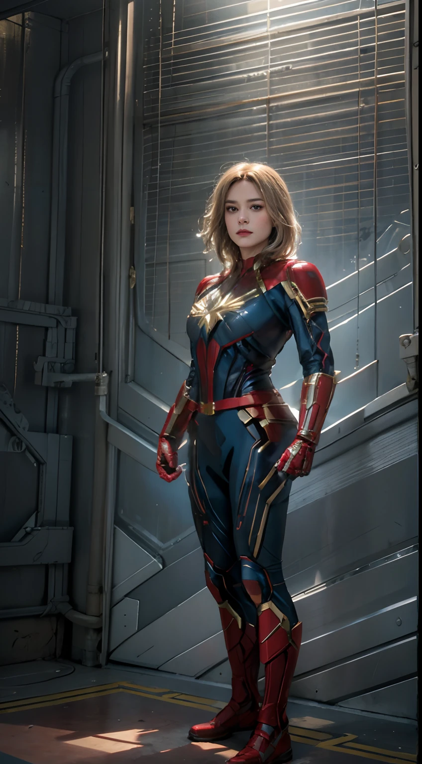 (8k, RAW photos, highest quality, masterpiece: 1.7). (Realistic, Photorealistic: 1.9). Perfect picture of brie larson as captain marvel, standing in a beautiful pose,
