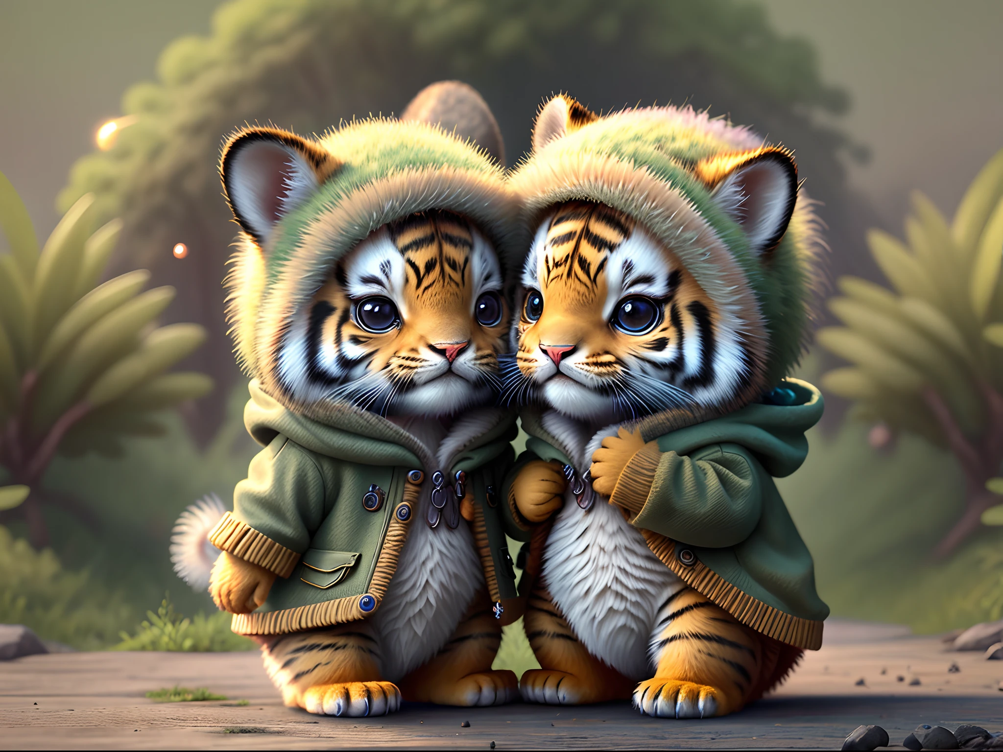 Top image quality、"Create cute creature masterpieces with inspired ultra-detailed concept art. Let your imagination come alive", （Tiger Baby）, high detailing, in 8K、Top image quality、forest fae、having clothes are worn、Realistic coat