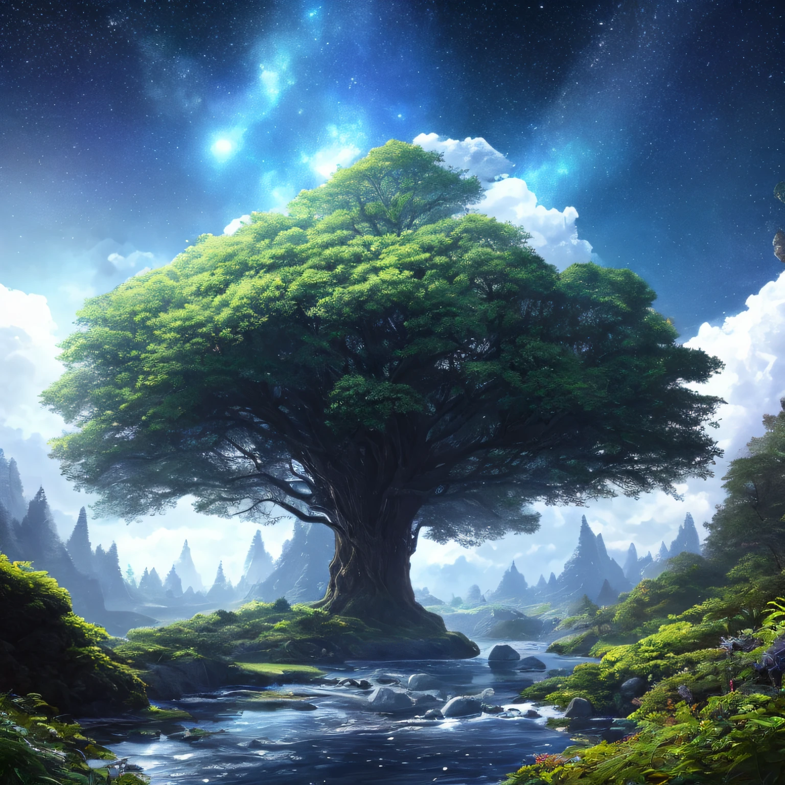 Hyperrealistic, otherworldly, ultrasky scene illustration with full body of a giant crystal tree, very detailed and magical lighting, intricate details of the forest, vegetation and river around, solarpunk, landscape, giant tree, beautiful leaves with beautiful lighting and realistic proportions, as if it was a cinematic background, 8k, maximum quality, masterpiece, clouds and stars in the sky.