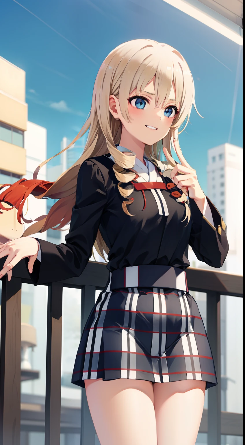 miura yumiko,1girl in,独奏,​masterpiece,top-quality,verd s eyes,blonde  hair,Drill Hair,Yahariore's Youth Love Kamwamachi Gat Tail,(Official art:1.2),(校服:1.4)、look at viewr ,A smile