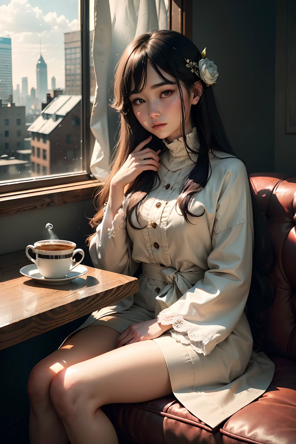 Raw photography, top-quality, masterpiece, extremely delicate and beautiful, ighly detailed, nffsw, Unity, 8K Picture Wallpaper, amazingly detail, detaile, masterpiece, top-quality, Official art, Highly detailed ticker Unity 8k wallpaper, ultra-detailliert, hight resolution, ighly detailed, Clair, Focus, (top-quality), (realisitic, Photorealsitic:1.5), 8K, Soft lighting, hightquality, lighting like a movie, 1womanl、A MILF、Eyes very, Very big、long eyelashes、Frail constitution、Ephemeral beauty、Glossy、In 1981、I have very, very long hair、Long hair、Put on a coat、Wearing a beige coat、Wearing a ruby ring、Wearing a ruby ring、Ring on ring finger、Old Coffee Shop、Inside the coffee shop、Frosted Glass Cafe、City of Winds、Tea leftover table、Sit up、Cheek cane、Sluggishness、August、Vision of sworn love、Life without the weight of a single dead leaf