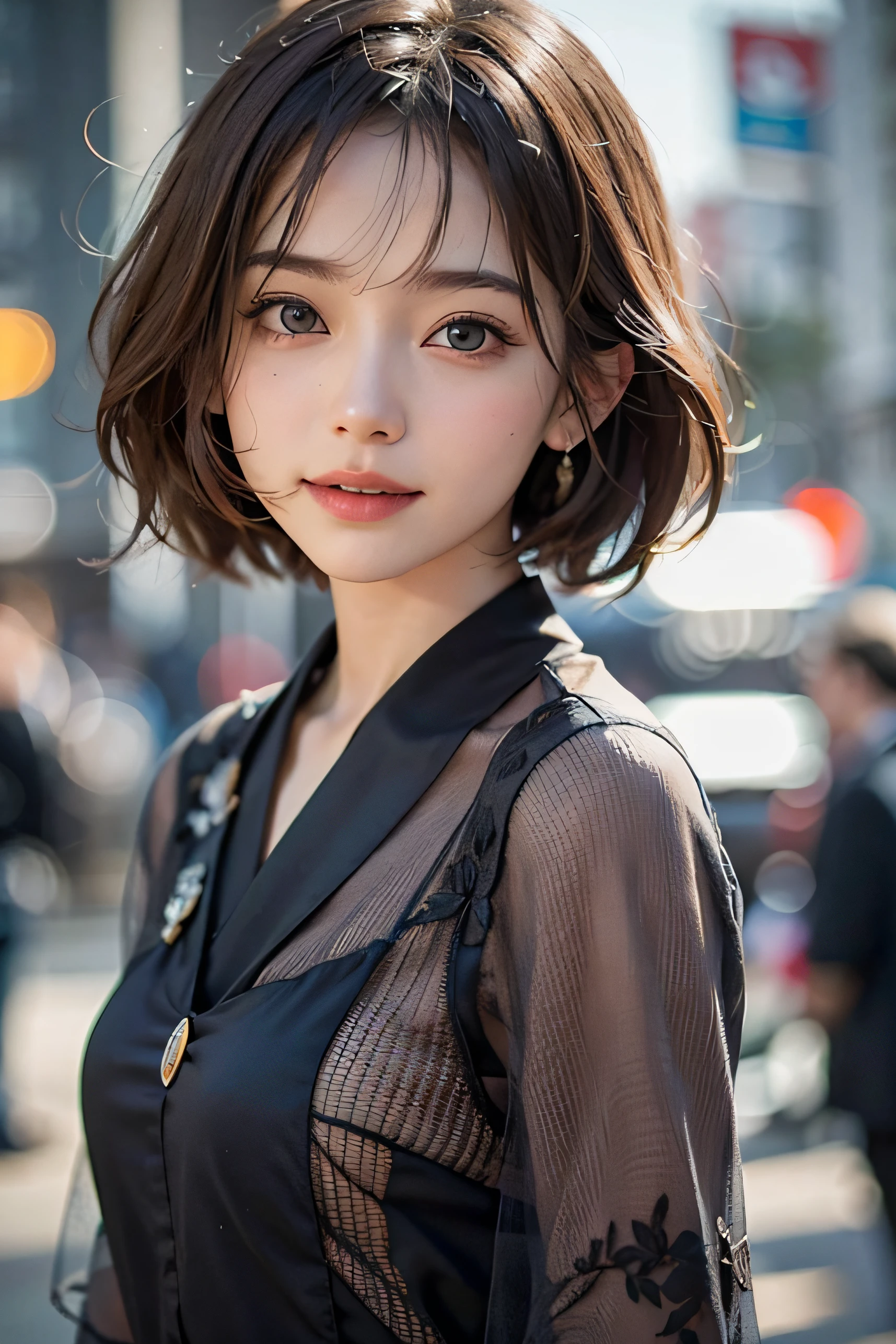 (Masterpiece), (Extreme), ((Sandals)), (Super Detailed), (Body:1.9), 1girl, sun, cute, red, smile, open mouth, city, fashion, coat, burden, blush, tree, shirt, short hair, red, blurry, long sleeves, bangs, black hair, (beautiful detailed face), (beautiful detailed eyes), red, poodle