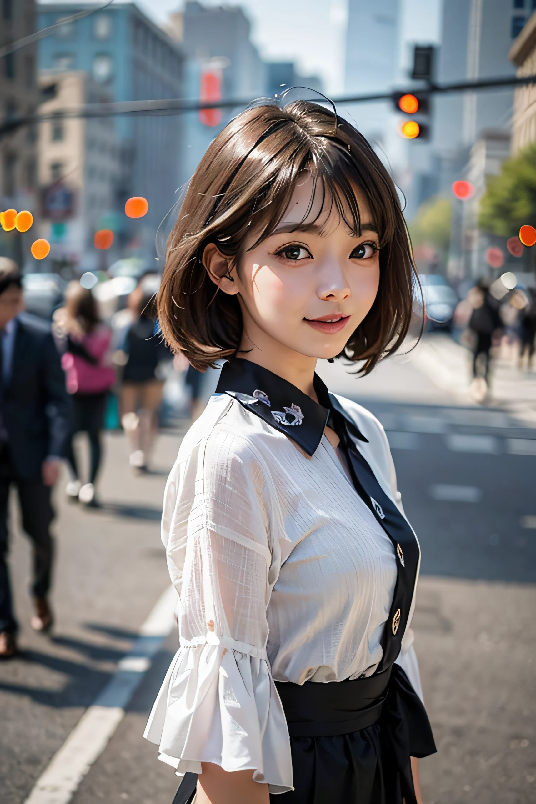 masutepiece, 1 beautiful girl, Detailed, Highest Quality, Ultra High Resolution, (reality: 1.4), Original photo, 1girl in, sixteen years old, Cinematic lighting, Soft light, Smiling, Japanese, Asian Beauty, Short hair, The ends of the hair are blown away by the wind, Bangs, clean, Super beautiful, little young face, Beautiful skin, slender, (A hyper-realistic), (High resolution), (8K), (Very detailed), (beautifully detailed eyes), (super detailed), (Detailed face), Fine detail, Detailed face, Affectionate smile, Looking straight ahead, Neat Clothing, dark colored eyes, outfit (Blouse), At the Museum of Modern Art, New York, New York, New York, Crowd of spectators, body facing front,