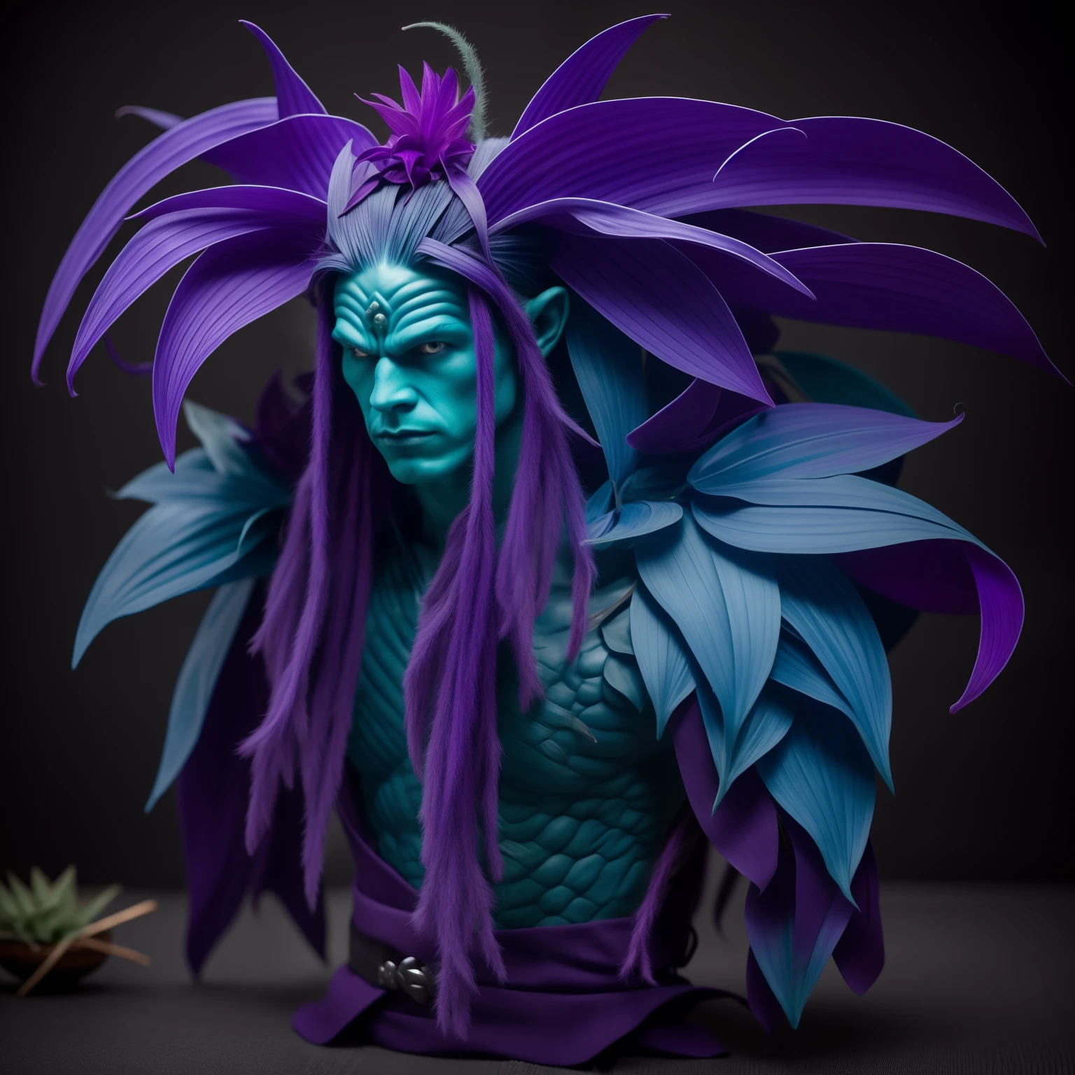 monster plant humanoid male , blue plant skin , hair orchid purple color , blue leaf ears , Strong arms , Strong legs , trace of rpg fantasy