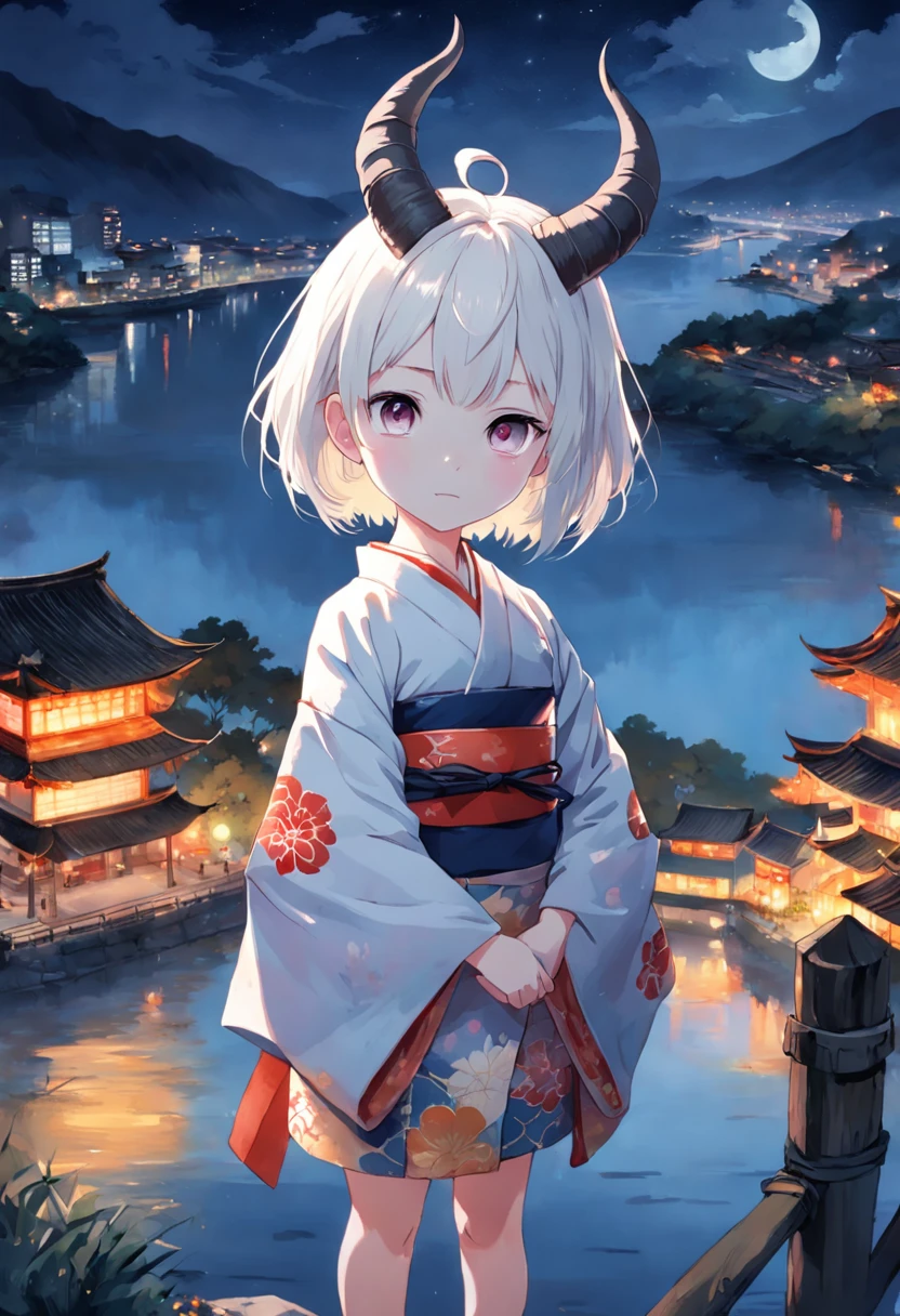 sfw, watercolor illustration, perfect anatomy, masterpiece, best quality, 1girl, yo, lo, solo, (white short hair:1.2), looking at viewer, (oni:1.1), (horns:0.8), kimono, nature, night time, from above, standing by the riverside, landscape