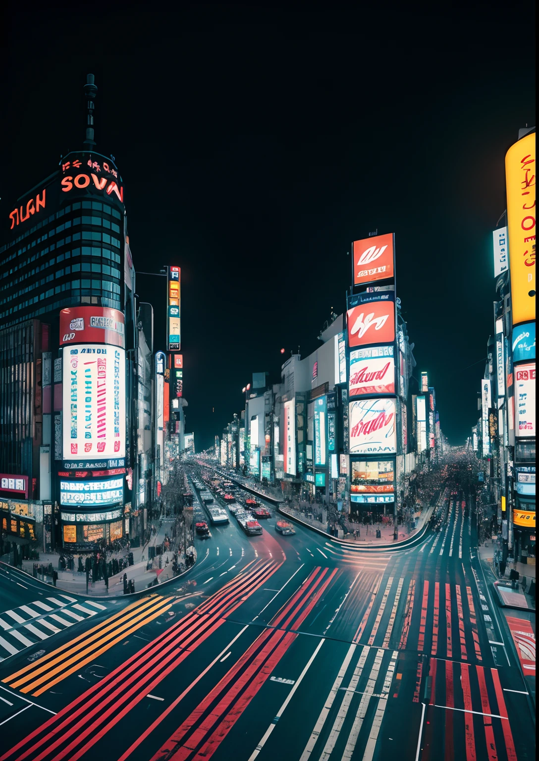 A dynamic panorama of Tokyo's Shibuya Crossing, capturing the orchestrated chaos of pedestrians crossing in all directions. The towering buildings adorned with billboards and neon lights serve as a modern-day backdrop. Medium: Photography. Style: Photo hyper-realism, reminiscent of the urban landscapes captured by Andreas Gursky. Lighting: Ambient, with the neon lights and billboards providing a vibrant, multi-colored glow. Colors: A palette dominated by the electric blues, reds, and yellows of the neon signs, contrasted with the muted tones of the street and buildings.